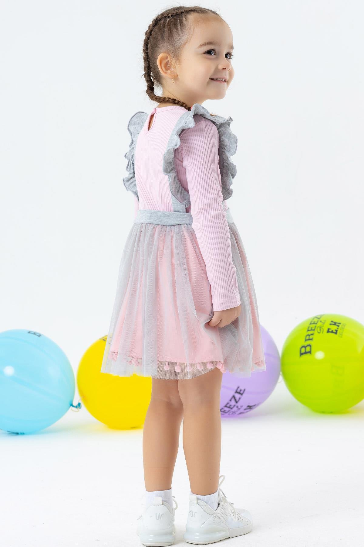 Breeze Kız Çocuk Uzun Kollu Elbise Ponponlu Tüllü Pudra (1.5-5 Yaş)