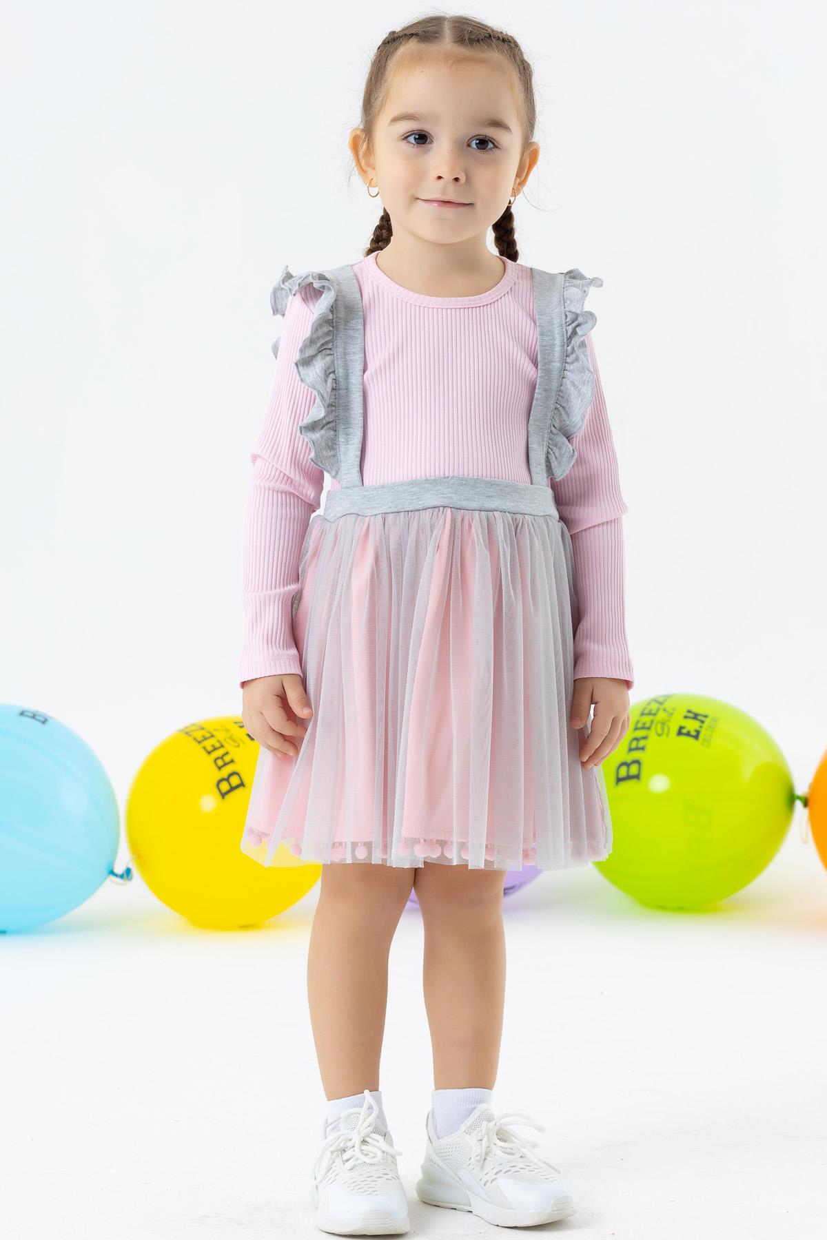 Breeze Kız Çocuk Uzun Kollu Elbise Ponponlu Tüllü Pudra (1.5-5 Yaş)