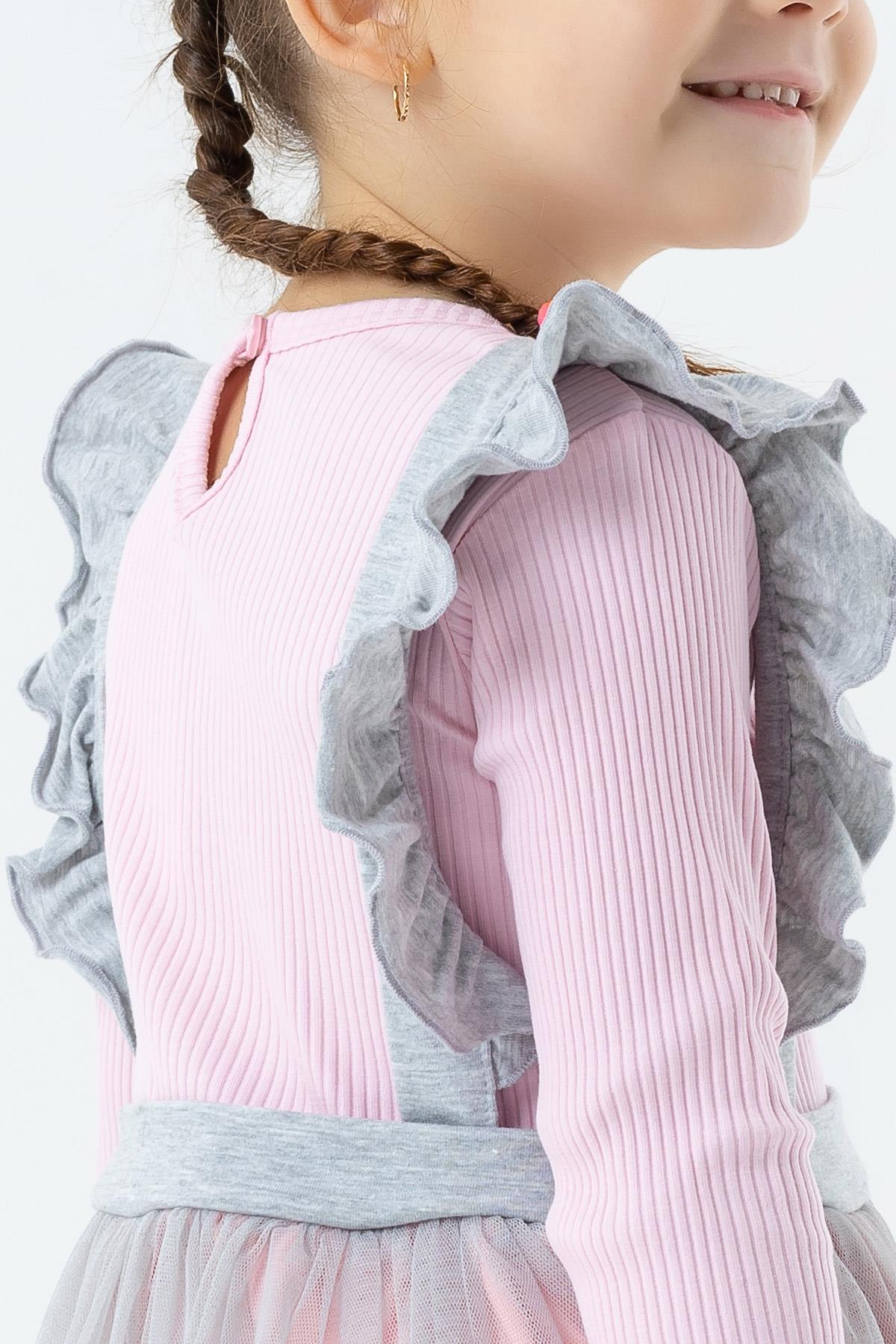 Breeze Kız Çocuk Uzun Kollu Elbise Ponponlu Tüllü Pudra (1.5-5 Yaş)