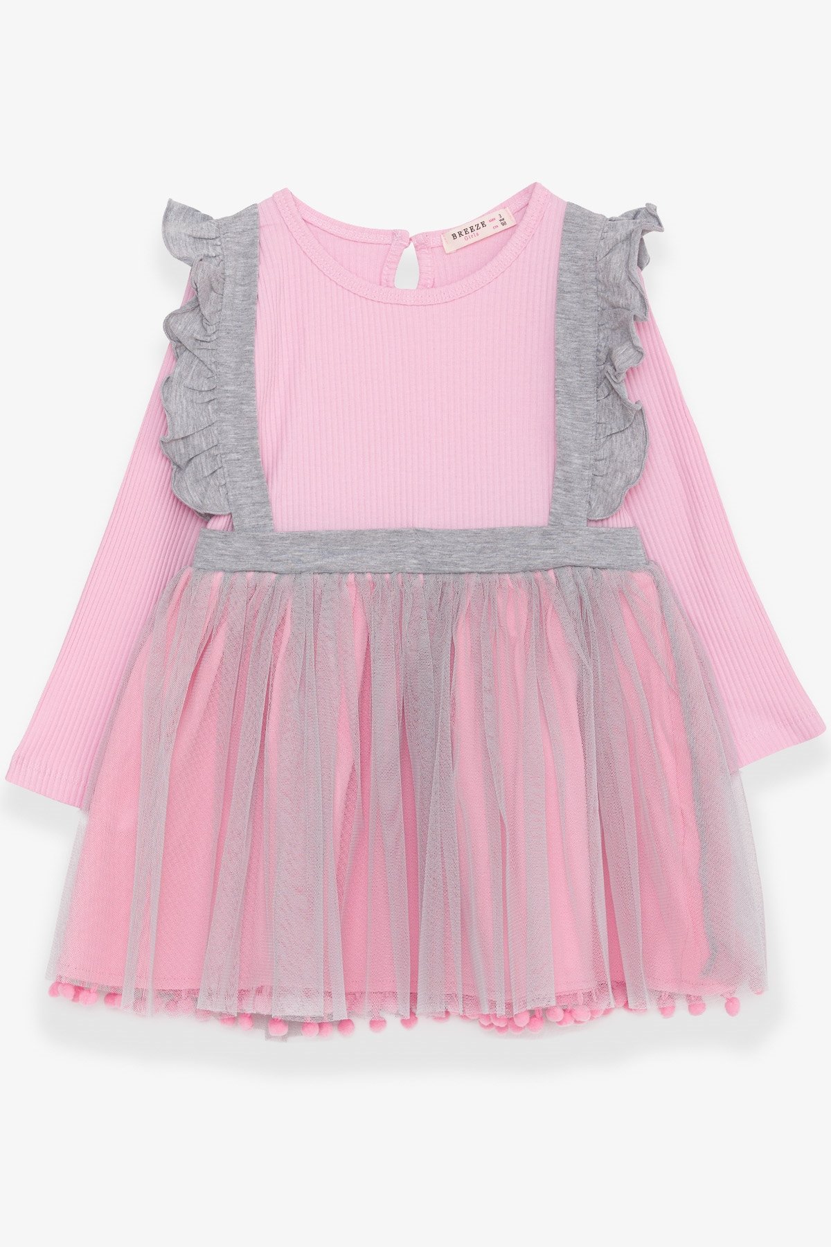 Breeze Kız Çocuk Uzun Kollu Elbise Ponponlu Tüllü Pudra (1.5-5 Yaş)