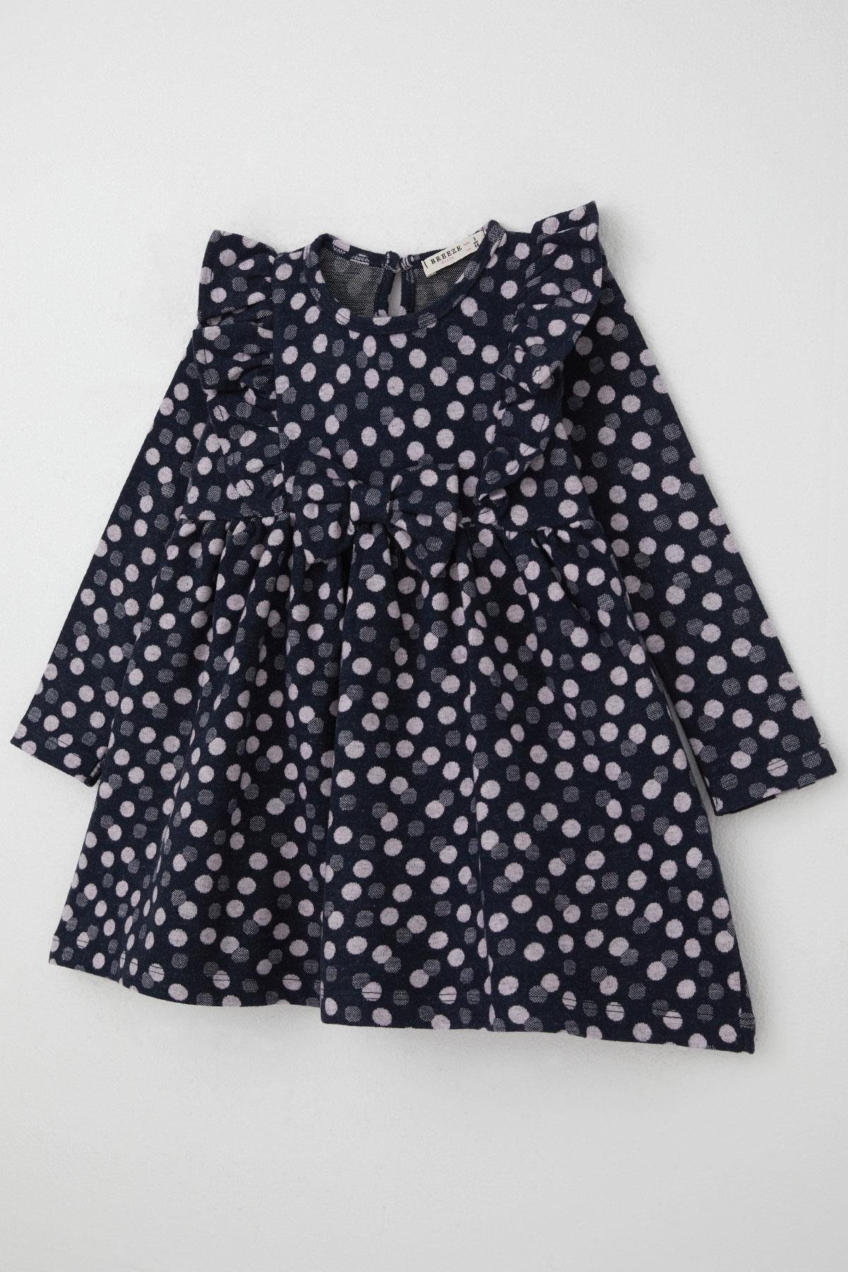 Breeze Kız Çocuk Uzun Kollu Elbise Puantiyeli Fiyonklu Lacivert (1.5-5 Yaş)