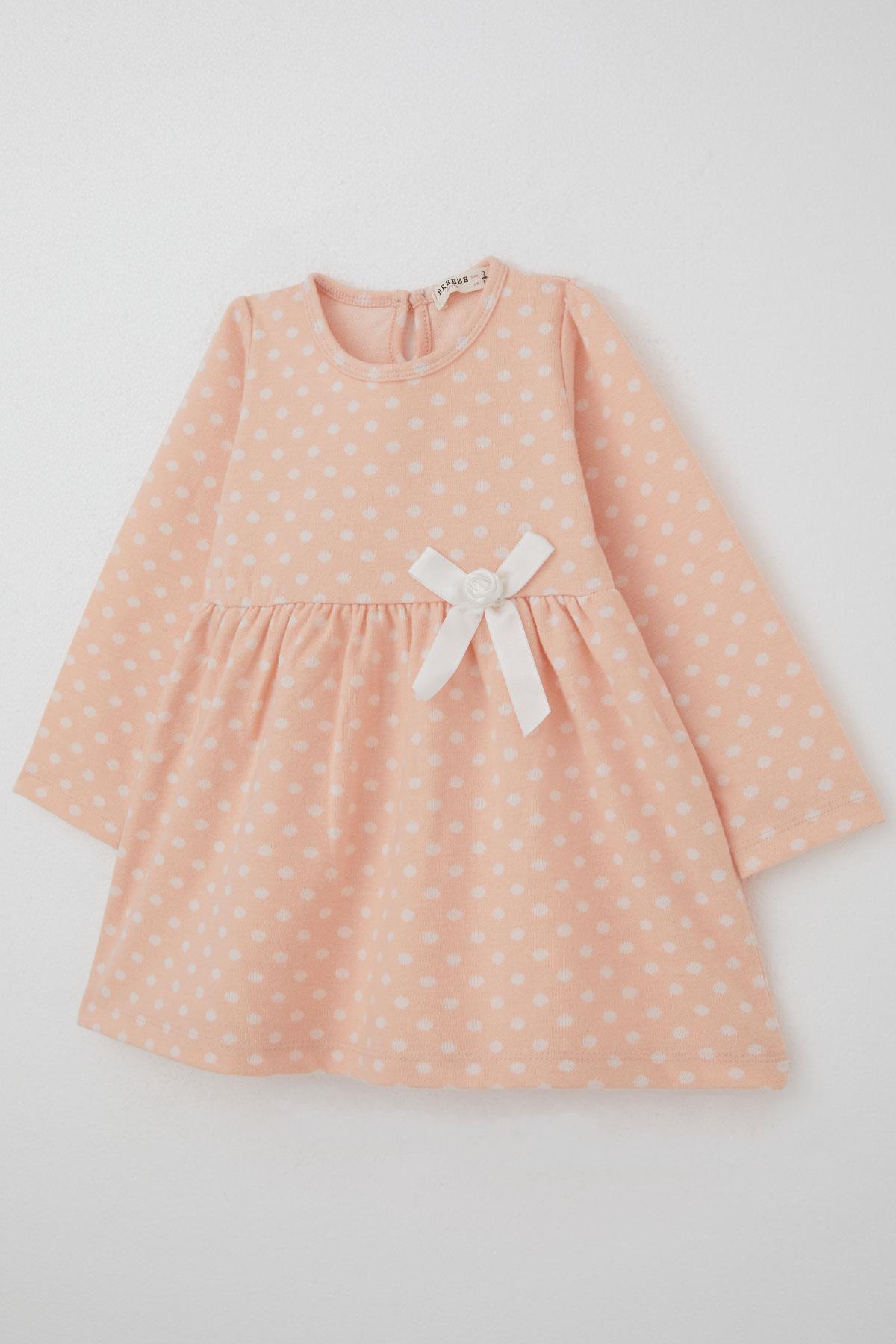 Breeze Kız Çocuk Uzun Kollu Elbise Puantiyeli Fiyonklu Somon (1.5-5 Yaş)