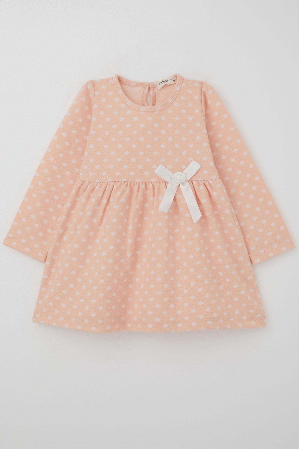 Breeze Kız Çocuk Uzun Kollu Elbise Puantiyeli Fiyonklu Somon (1.5-5 Yaş)