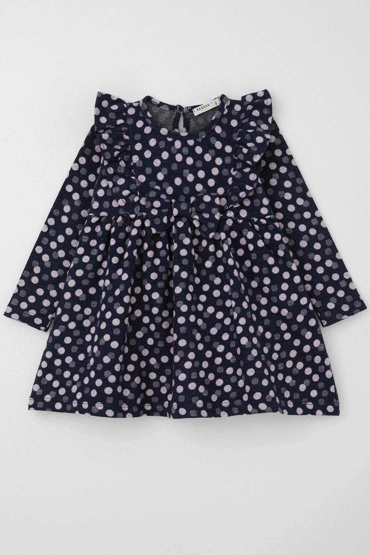 Breeze Kız Çocuk Uzun Kollu Elbise Puantiyeli Fiyonklu Lacivert (1.5-5 Yaş)