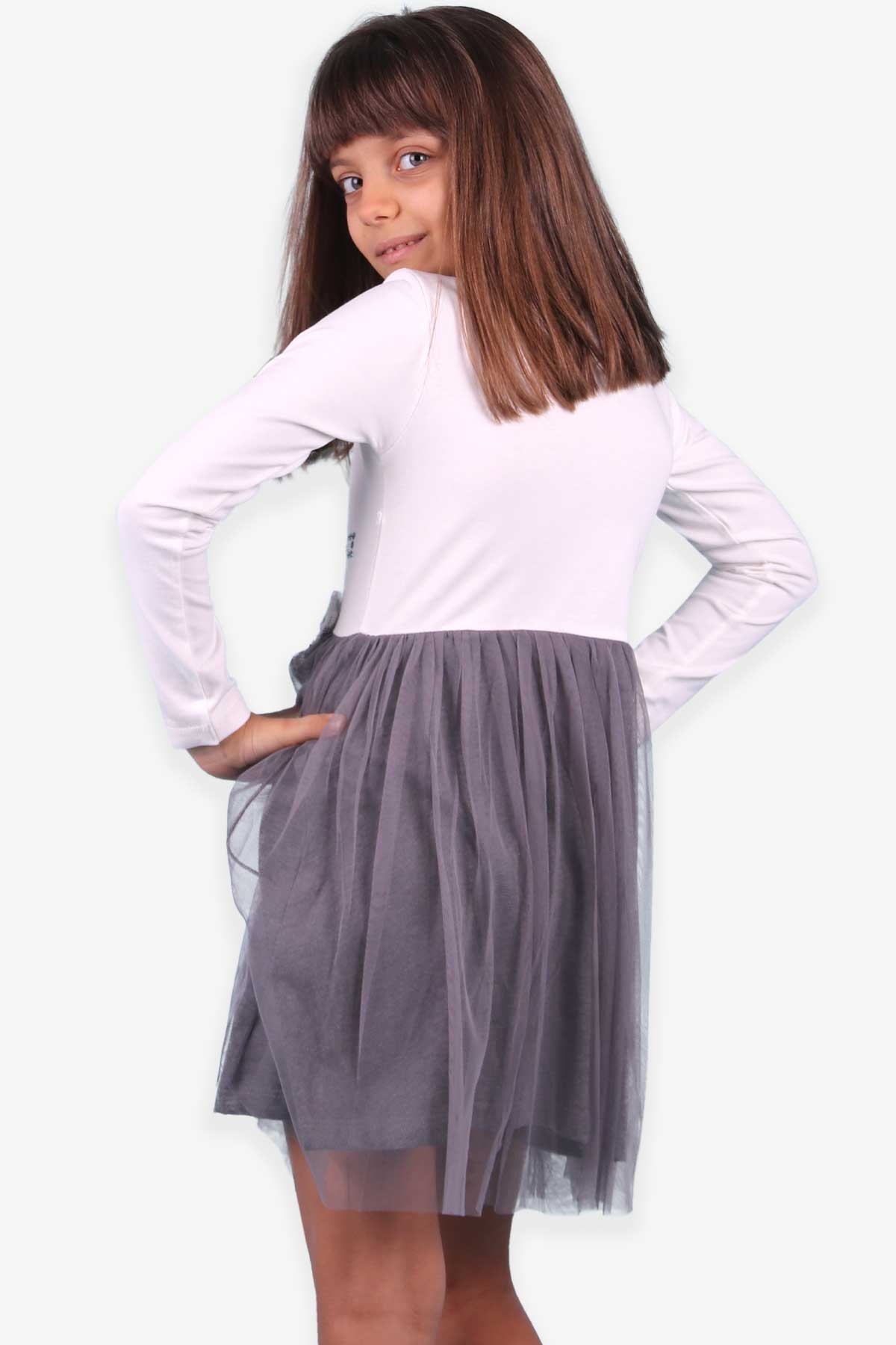 Breeze Kız Çocuk Uzun Kollu Elbise Pullu Fiyonklu Beyaz (6-12 Yaş)