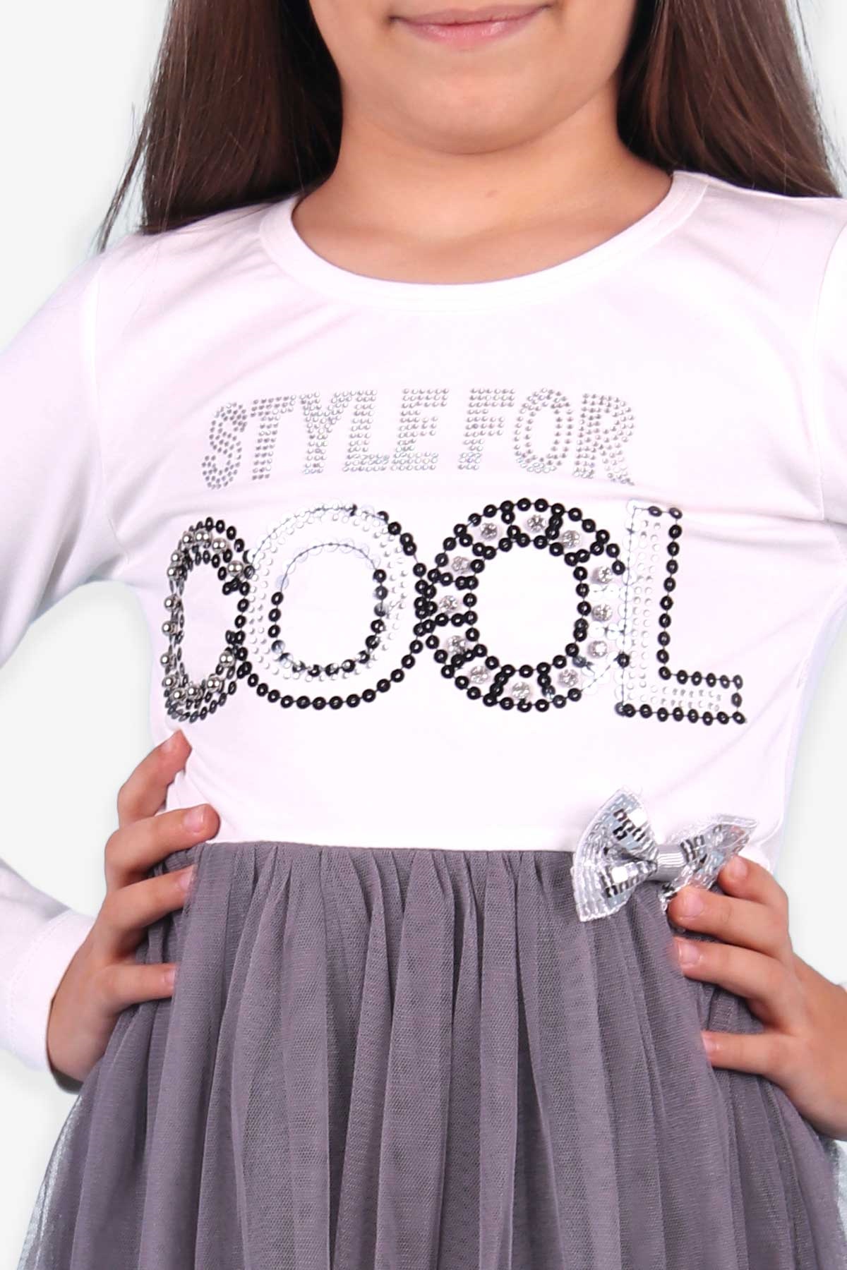 Breeze Kız Çocuk Uzun Kollu Elbise Pullu Fiyonklu Beyaz (6-12 Yaş)