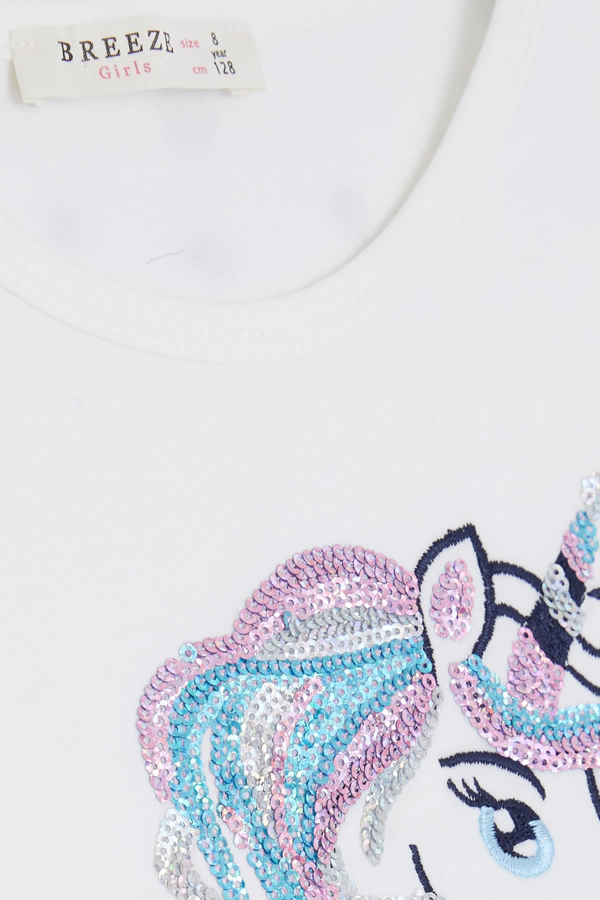 Breeze Kız Çocuk Uzun Kollu Elbise Pullu Unicorn Nakışlı Su Yeşili (5-10 Yaş)