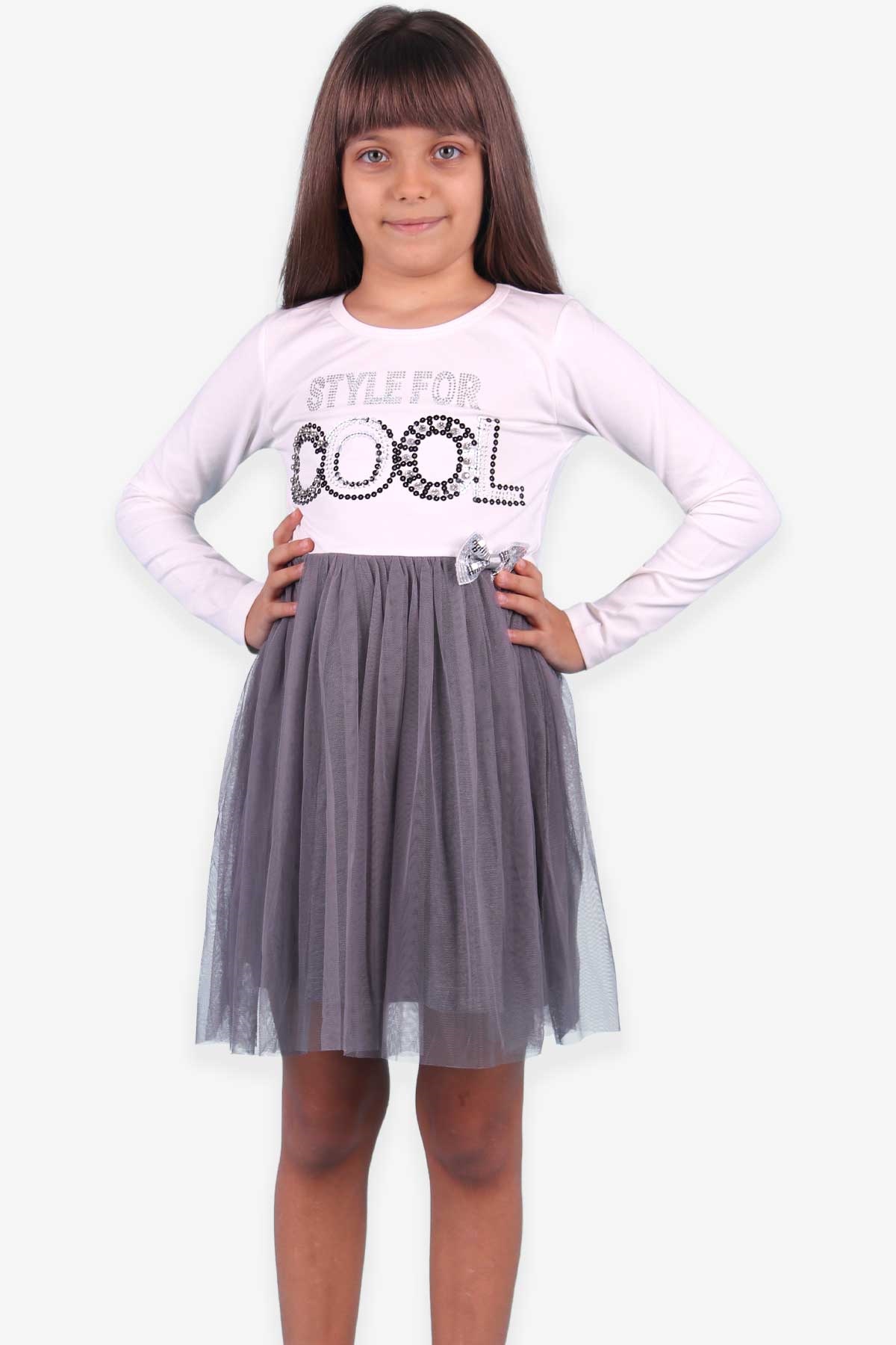 Breeze Kız Çocuk Uzun Kollu Elbise Pullu Fiyonklu Beyaz (6-12 Yaş)