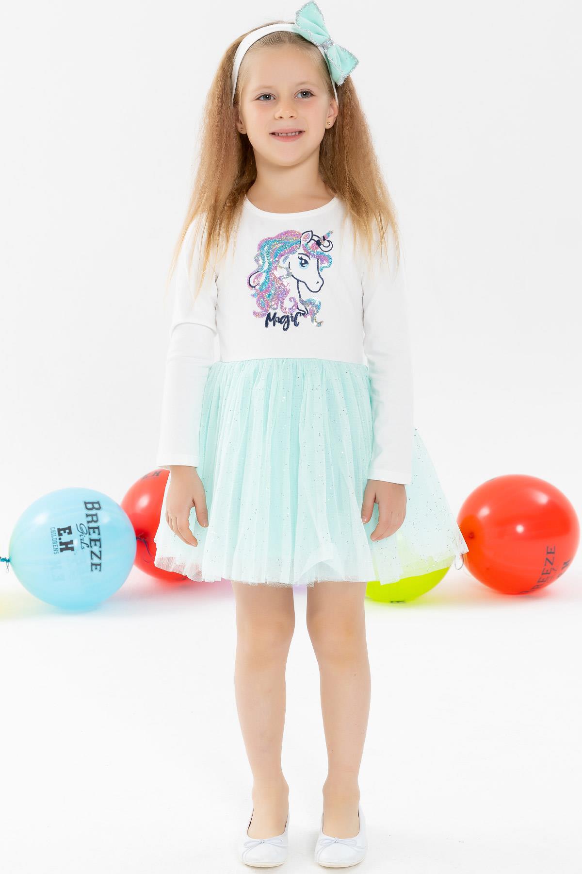 Breeze Kız Çocuk Uzun Kollu Elbise Pullu Unicorn Nakışlı Su Yeşili (10 Yaş)
