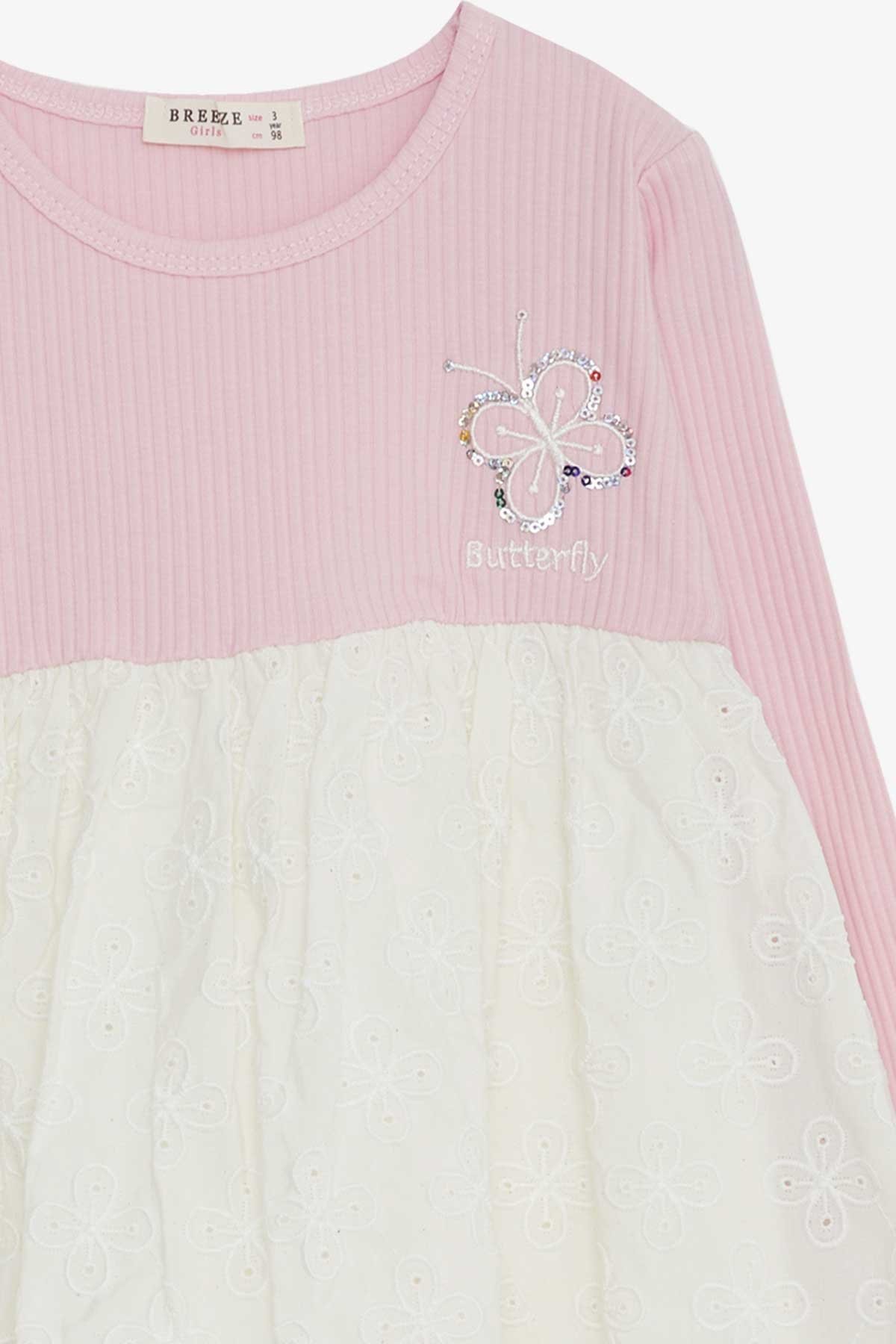 Breeze Kız Çocuk Uzun Kollu Elbise Pullu Kelebek Nakışlı Pembe (2-6 Yaş)