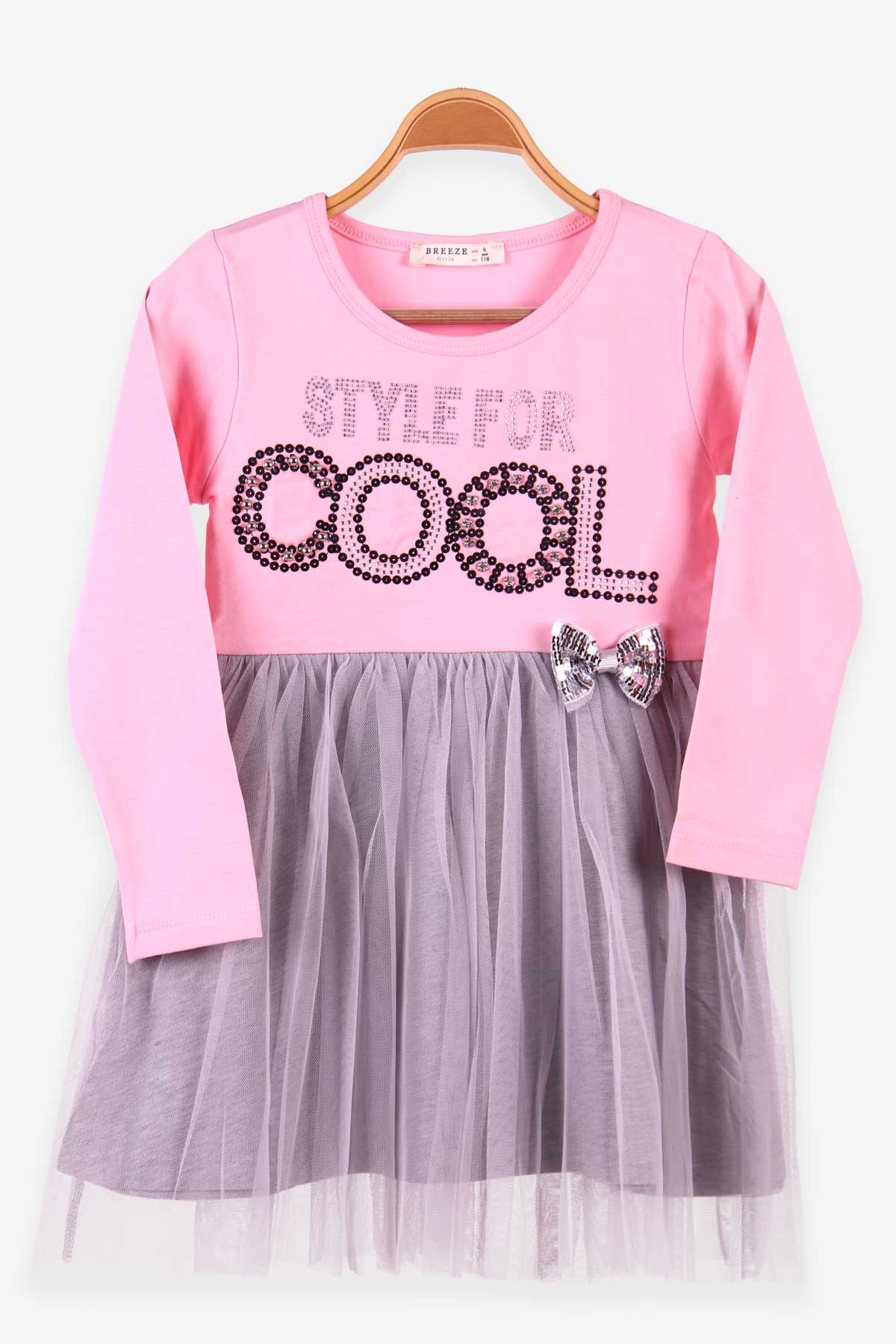 Breeze Kız Çocuk Uzun Kollu Elbise Pullu Fiyonklu Pembe (6-12 Yaş)