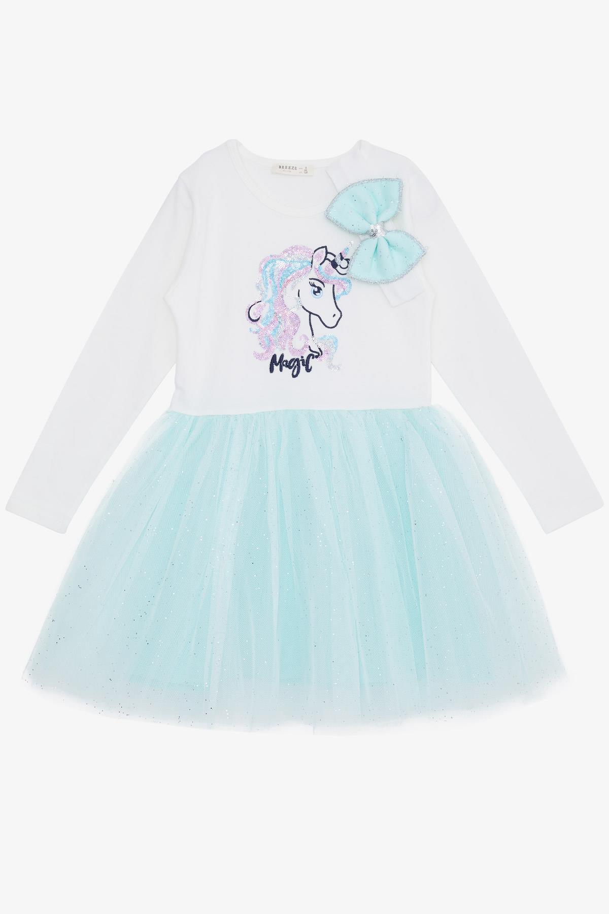Breeze Kız Çocuk Uzun Kollu Elbise Pullu Unicorn Nakışlı Su Yeşili (5-10 Yaş)