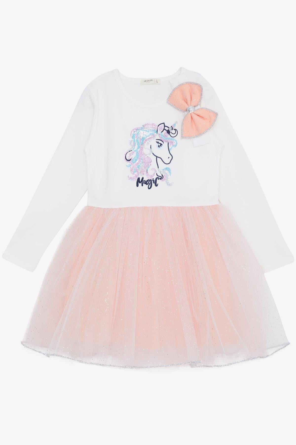Breeze Kız Çocuk Uzun Kollu Elbise Pullu Unicorn Nakışlı Somon (5-10 Yaş)