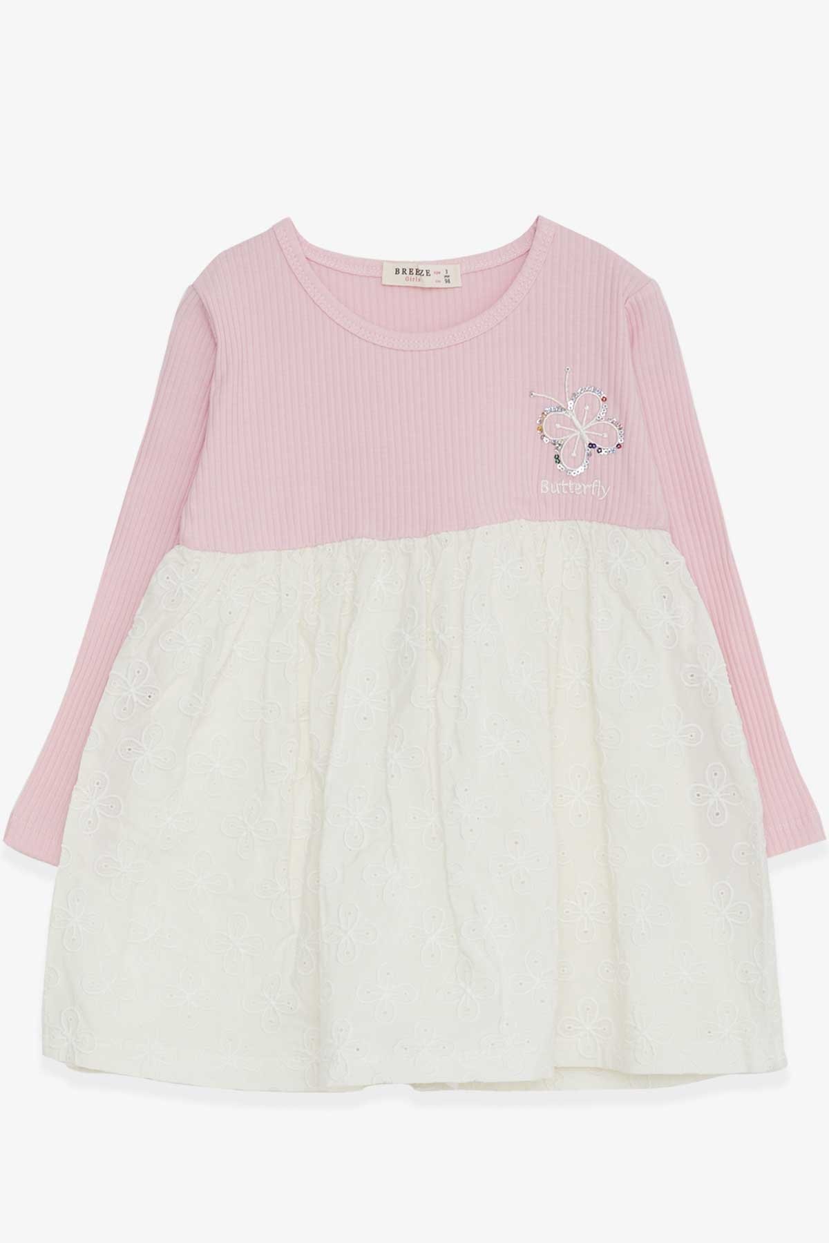 Breeze Kız Çocuk Uzun Kollu Elbise Pullu Kelebek Nakışlı Pembe (2-6 Yaş)