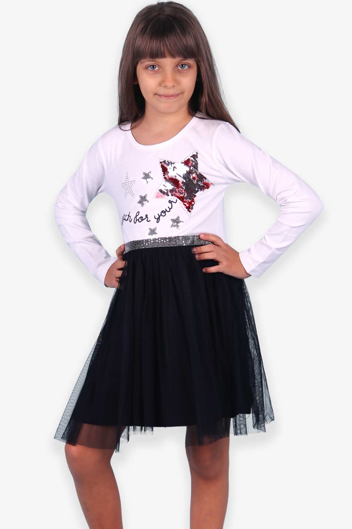 Breeze Kiz Çocuk Uzun Kollu Elbise Pullu Yildizli Lacivert (5-10 Yaş)