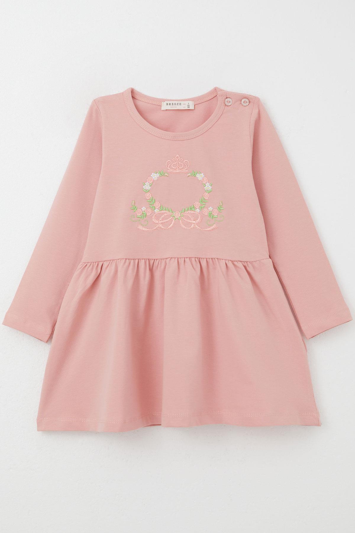 Breeze Kız Çocuk Uzun Kollu Elbise Renkli Çiçek Nakışlı Gülkurusu (1.5-5 Yaş)