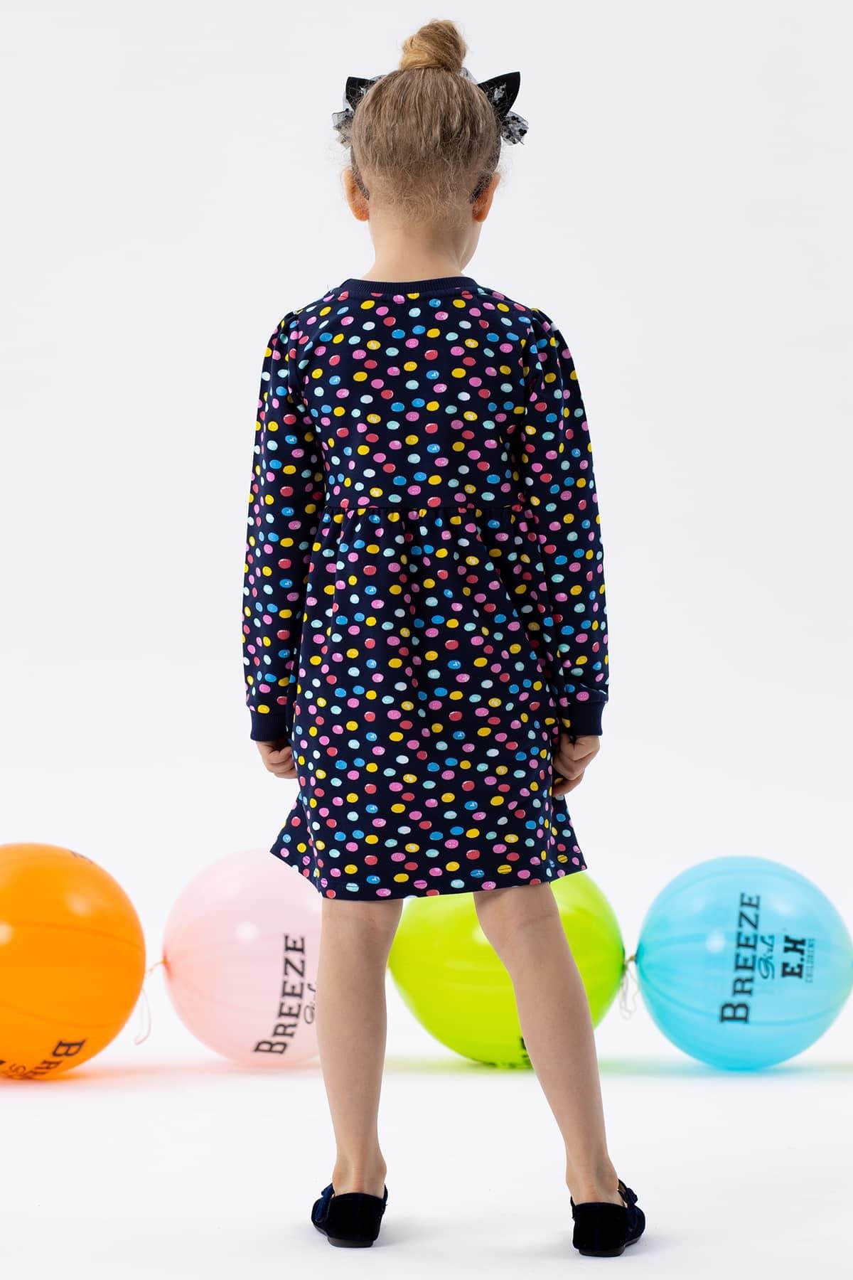 Breeze Kız Çocuk Uzun Kollu Elbise Renkli Puantiye Desenli Lacivert (1.5-5 Yaş)