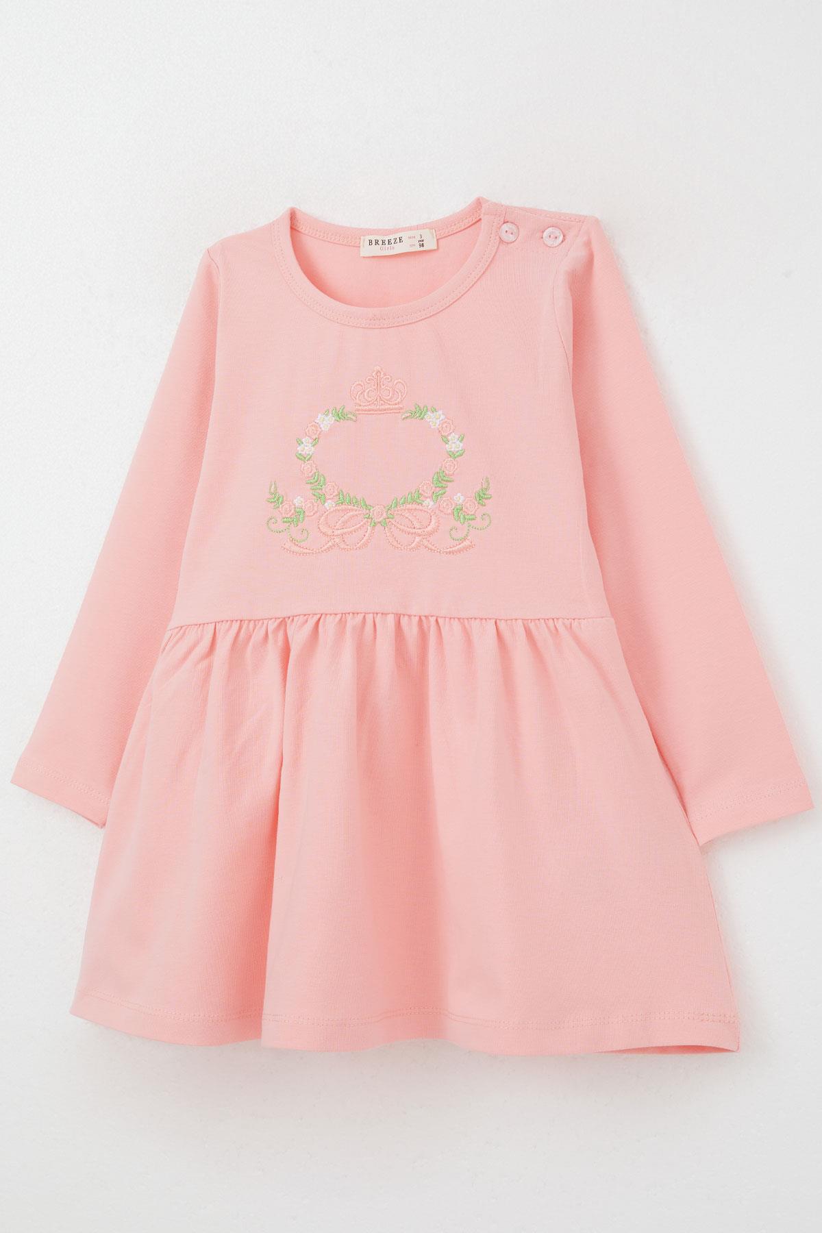 Breeze Kız Çocuk Uzun Kollu Elbise Renkli Çiçek Nakışlı Pembe (1.5-5 Yaş)