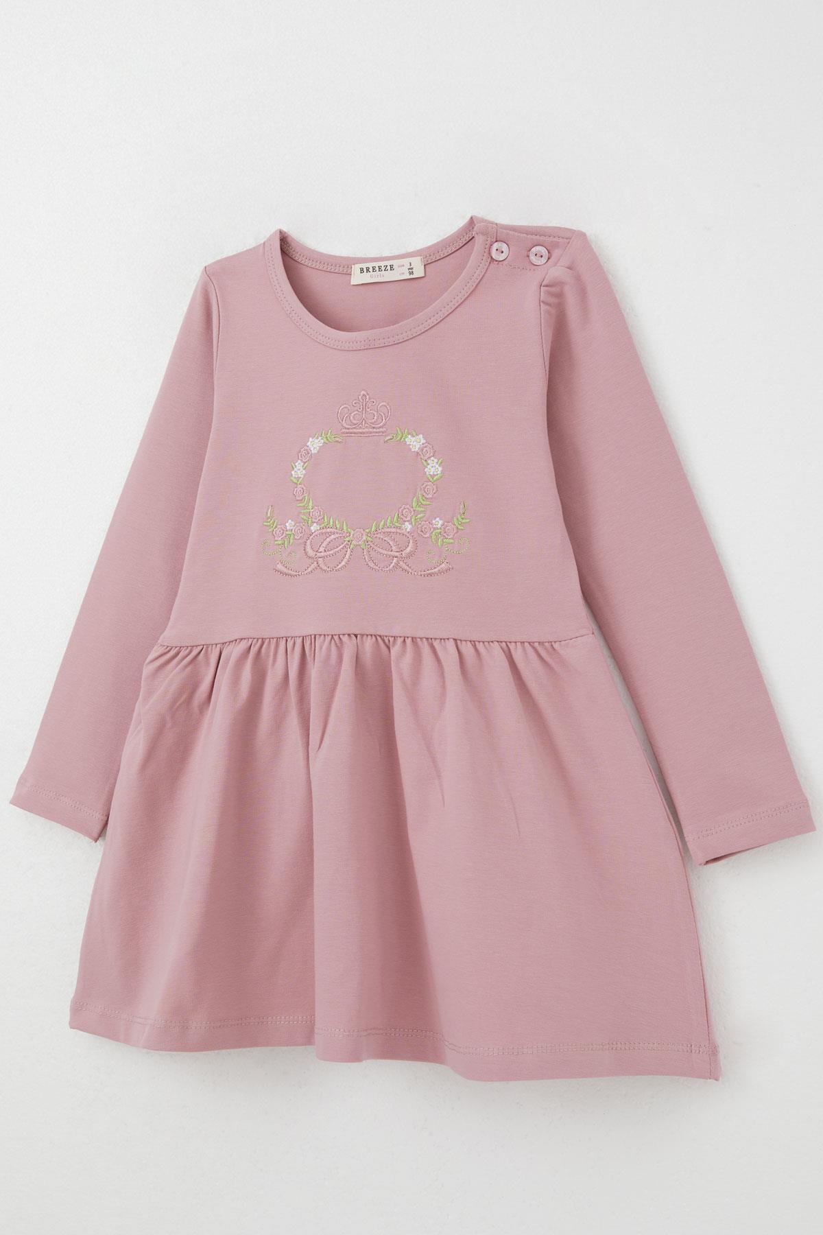 Breeze Kız Çocuk Uzun Kollu Elbise Renkli Çiçek Nakışlı Gülkurusu (1.5-5 Yaş)