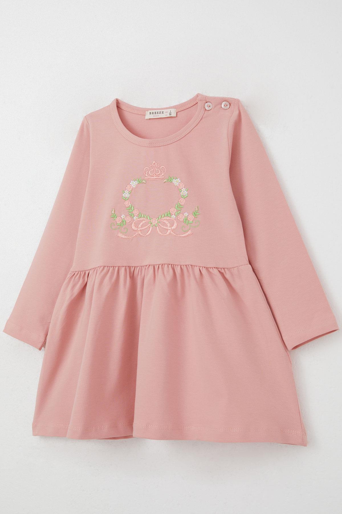 Breeze Kız Çocuk Uzun Kollu Elbise Renkli Çiçek Nakışlı Gülkurusu (1.5-5 Yaş)