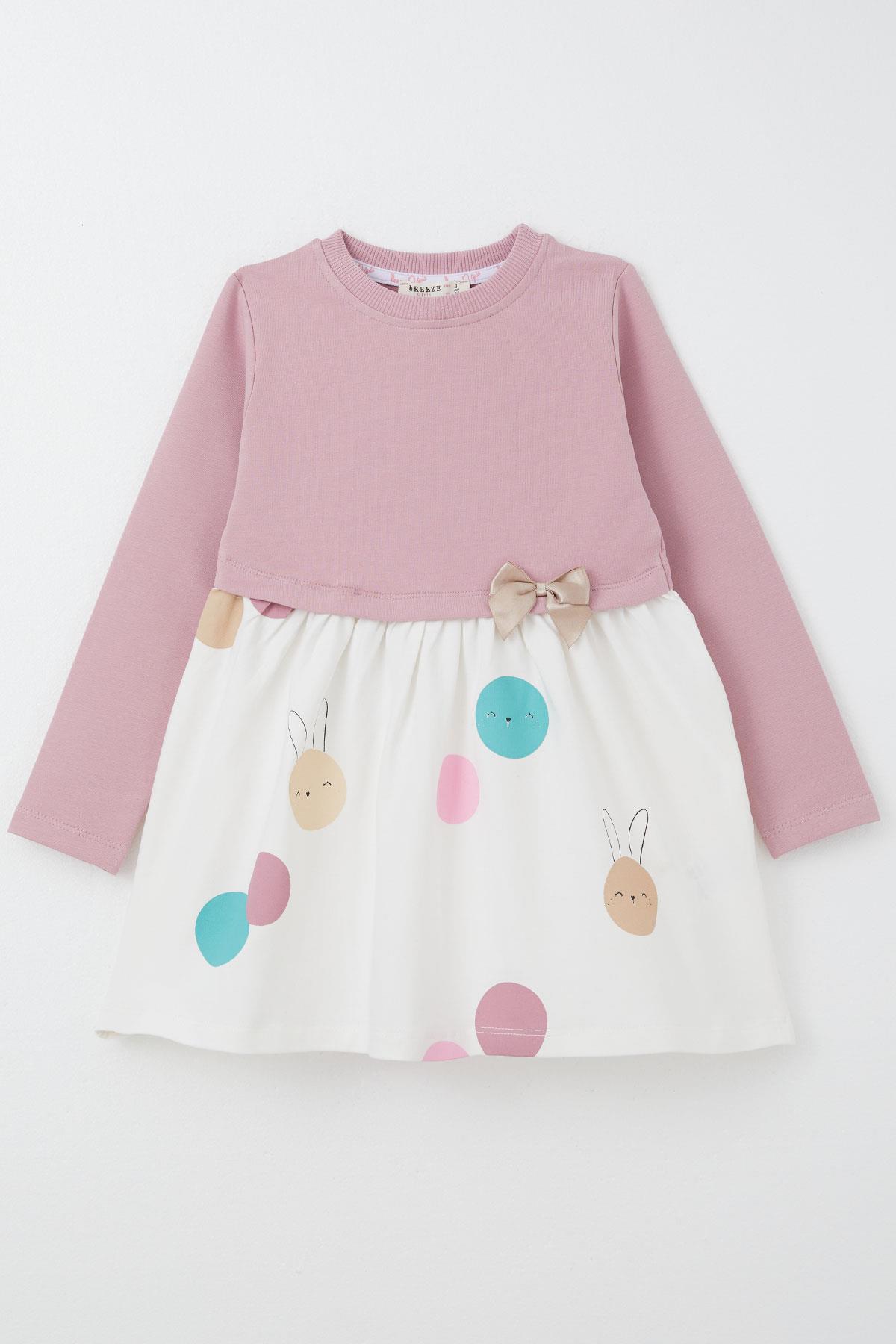 Breeze Kız Çocuk Uzun Kollu Elbise Sevimli Renkli Tavşancık Baskılı Gülkurusu (1.5-5 Yaş)