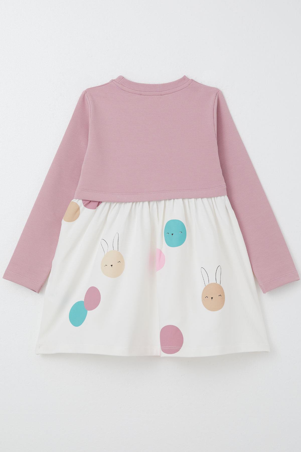 Breeze Kız Çocuk Uzun Kollu Elbise Sevimli Renkli Tavşancık Baskılı Gülkurusu (1.5-5 Yaş)