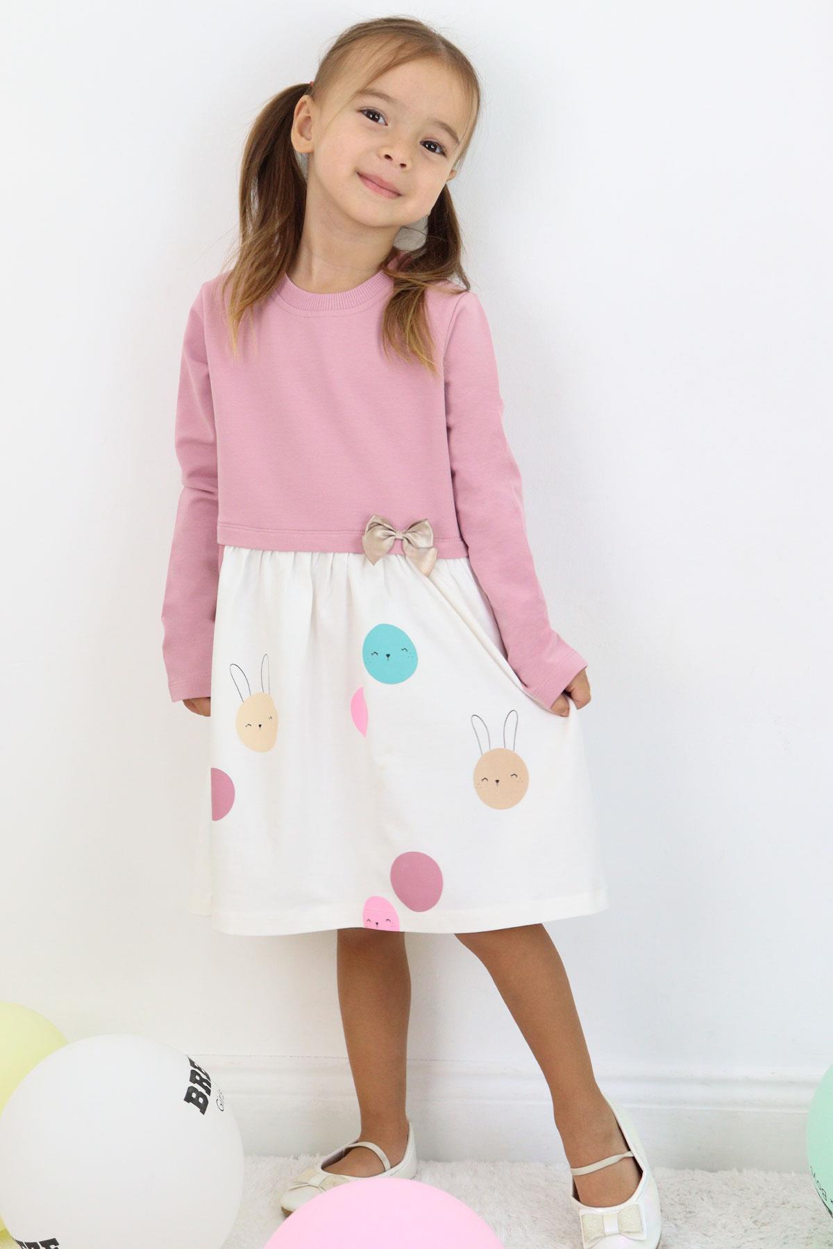 Breeze Kız Çocuk Uzun Kollu Elbise Sevimli Renkli Tavşancık Baskılı Gülkurusu (1.5-5 Yaş)