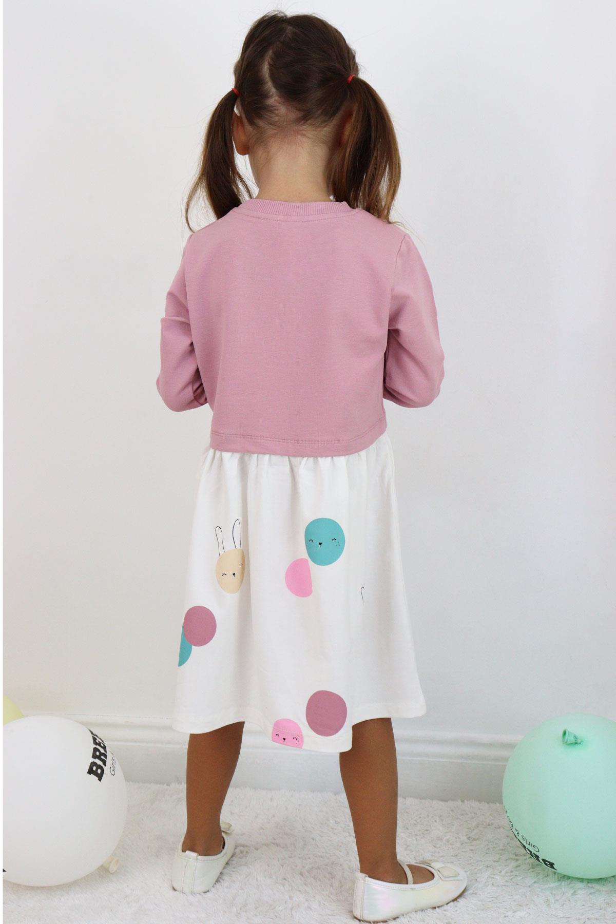 Breeze Kız Çocuk Uzun Kollu Elbise Sevimli Renkli Tavşancık Baskılı Gülkurusu (1.5-5 Yaş)