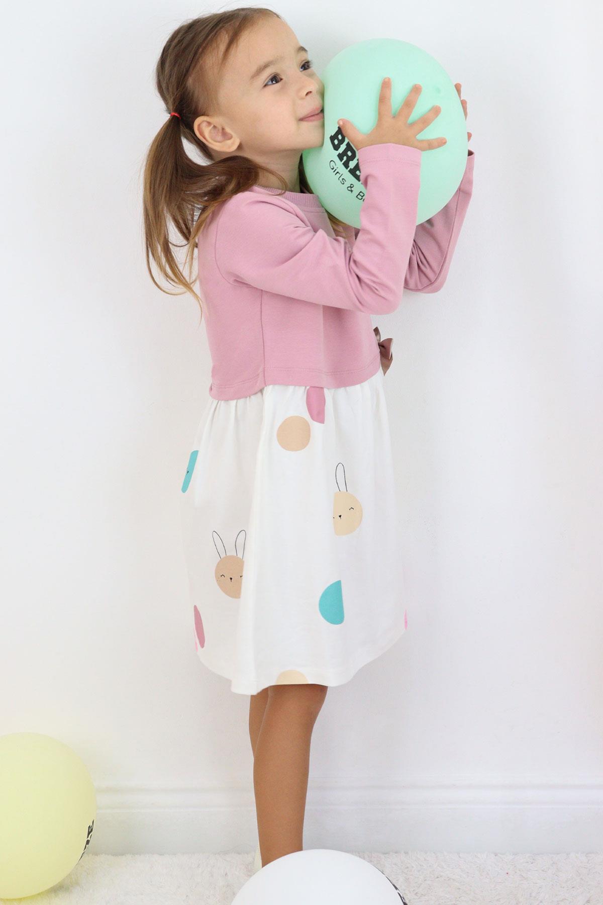 Breeze Kız Çocuk Uzun Kollu Elbise Sevimli Renkli Tavşancık Baskılı Gülkurusu (1.5-5 Yaş)