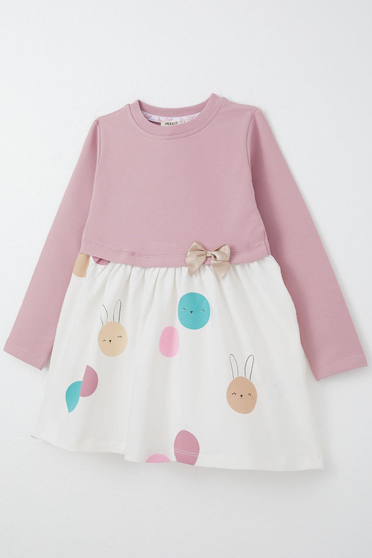 Breeze Kız Çocuk Uzun Kollu Elbise Sevimli Renkli Tavşancık Baskılı Gülkurusu (1.5-5 Yaş)