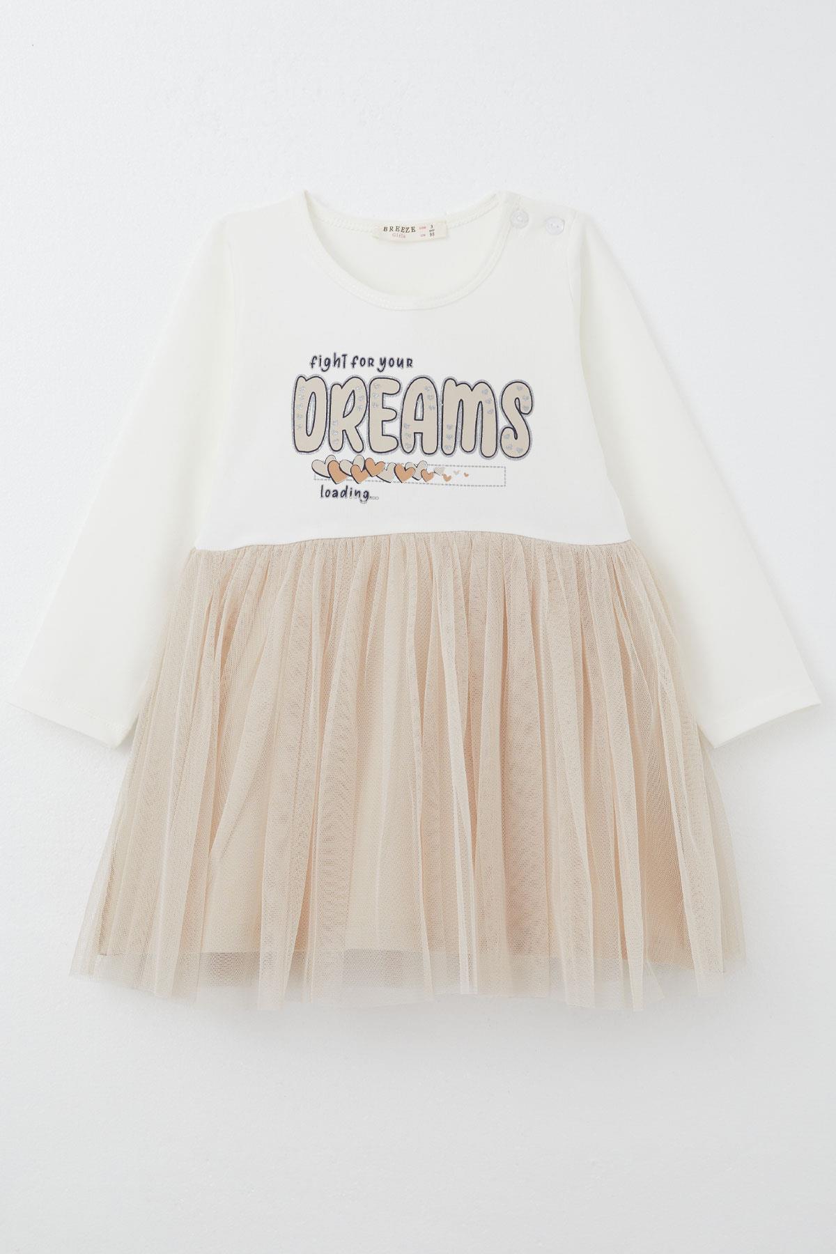 Breeze Kız Çocuk Uzun Kollu Elbise Simli Yazı Baskılı Kalpli Ekru (2-6 Yaş)