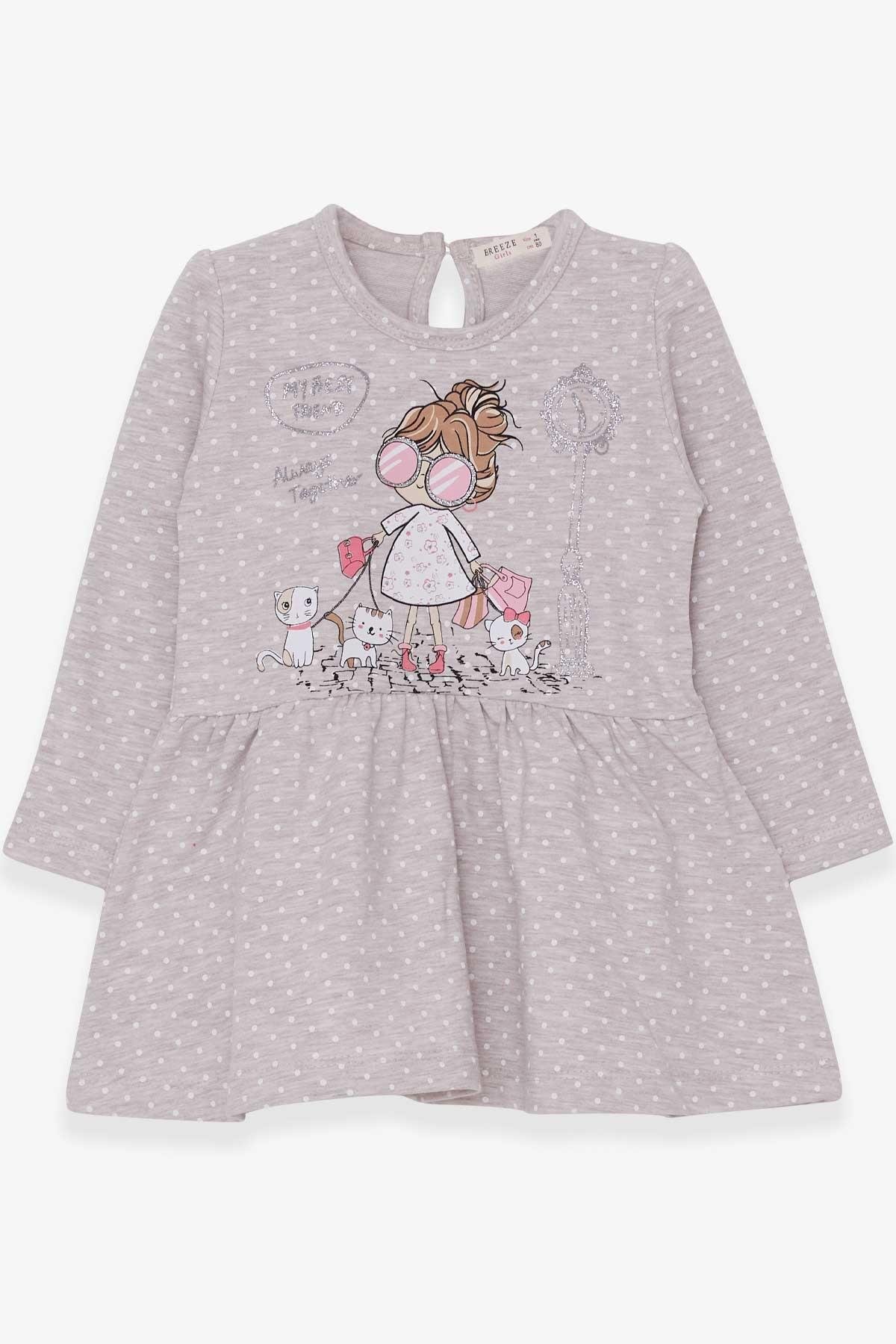 Breeze Kız Çocuk Uzun Kollu Elbise Simli Gözlüklü Kız Baskılı Bej Melanj (1-4 Yaş)