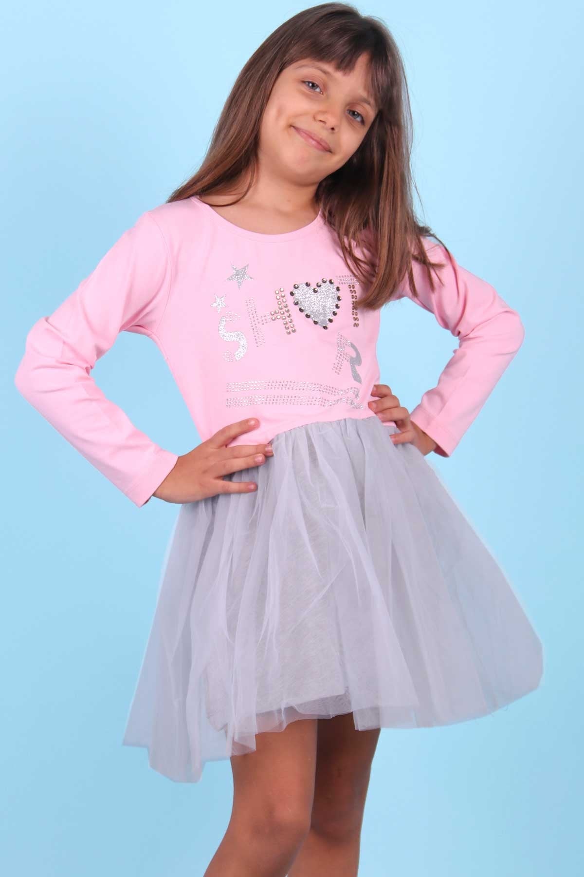 Breeze Kız Çocuk Uzun Kollu Elbise Simli Taşlı Pudra (6-12 Yaş)