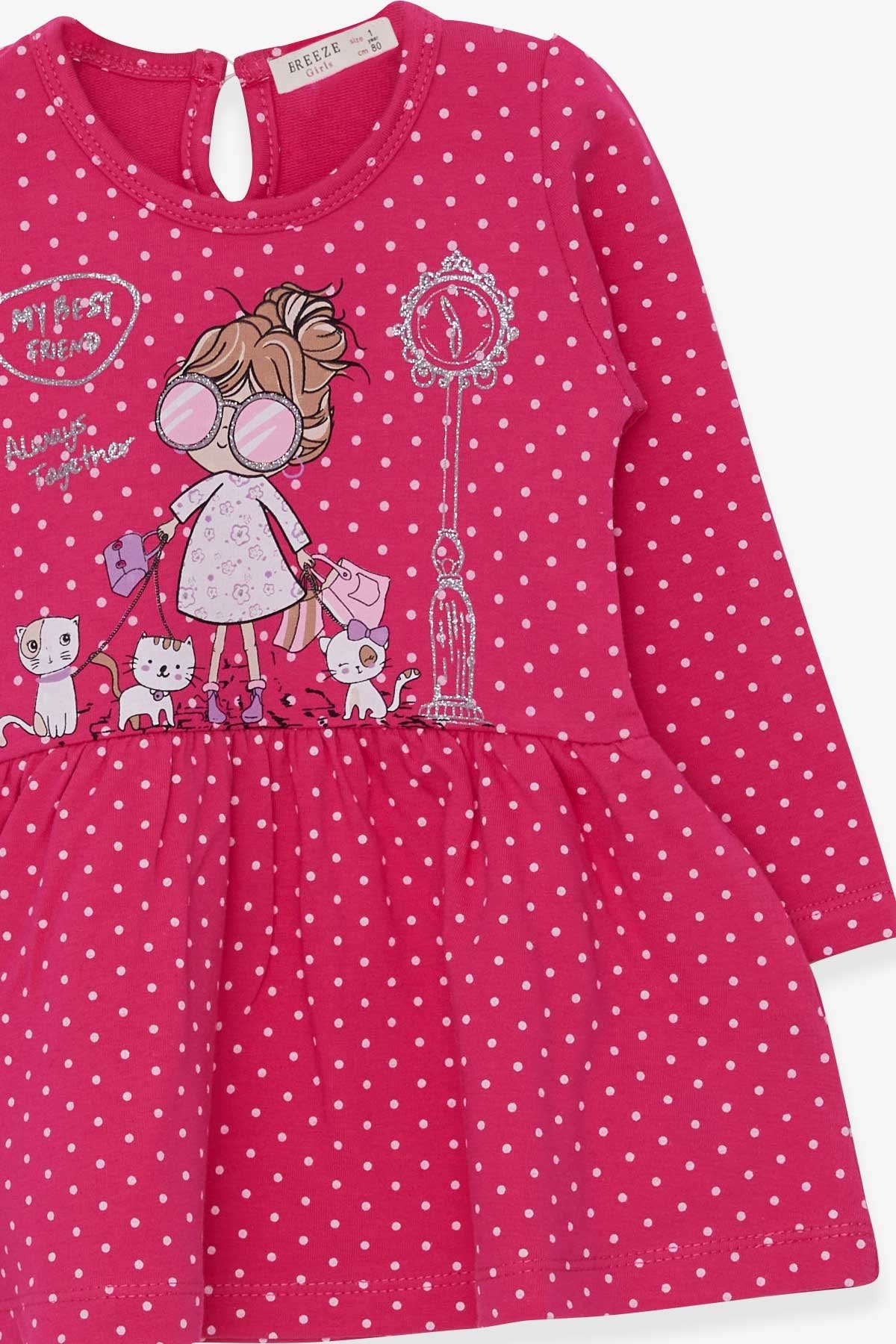 Breeze Kız Çocuk Uzun Kollu Elbise Simli Gözlüklü Kız Baskılı Pembe (1-4 Yaş)