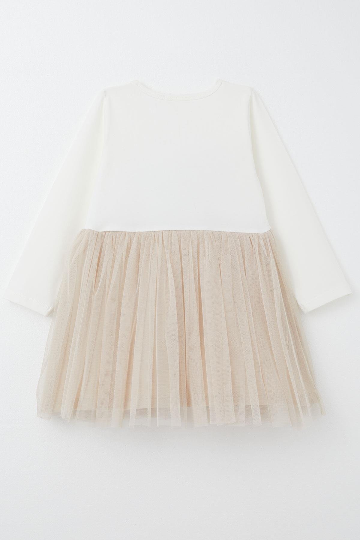 Breeze Kız Çocuk Uzun Kollu Elbise Simli Yazı Baskılı Kalpli Ekru (2-6 Yaş)