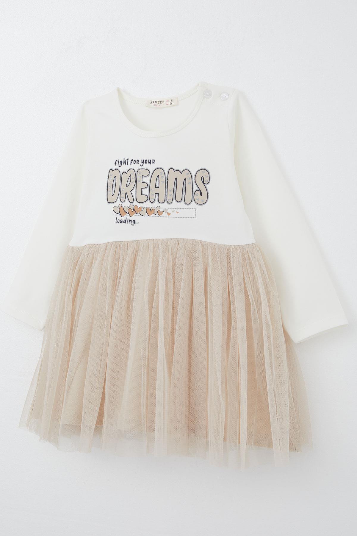 Breeze Kız Çocuk Uzun Kollu Elbise Simli Yazı Baskılı Kalpli Ekru (2-6 Yaş)