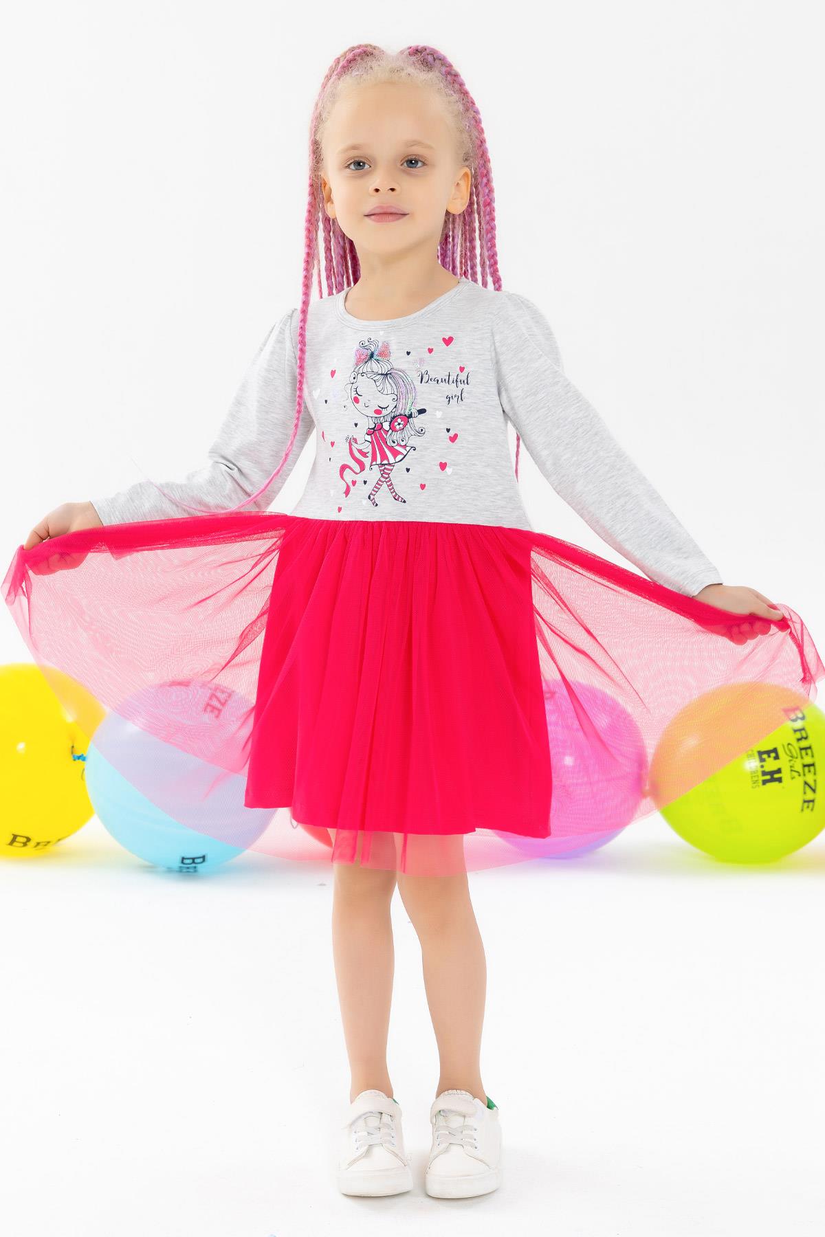 Breeze Kız Çocuk Uzun Kollu Elbise Süslü Kız Baskılı Gri Melanj (2-3 Yaş)