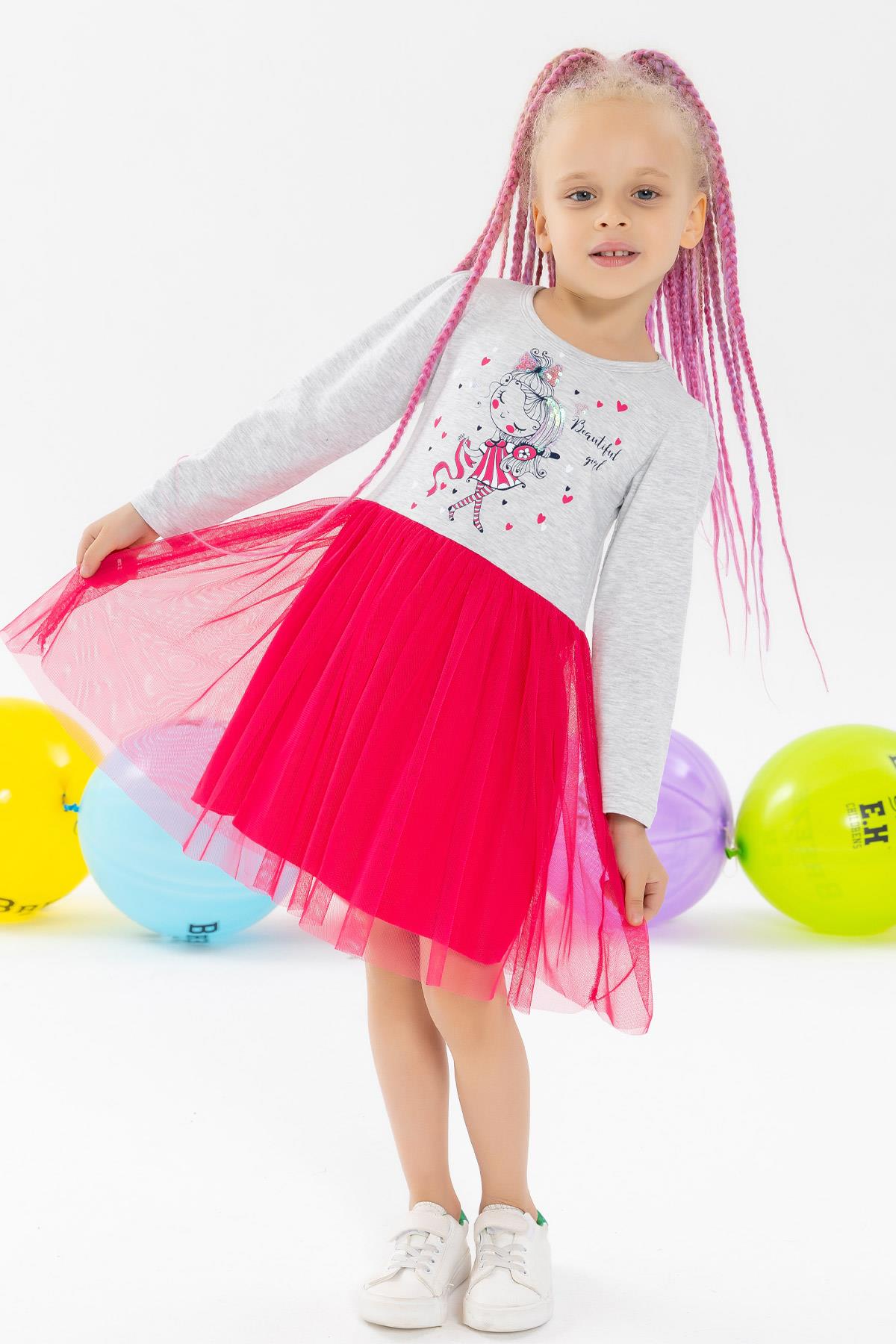 Breeze Kız Çocuk Uzun Kollu Elbise Süslü Kız Baskılı Gri Melanj (2-3 Yaş)