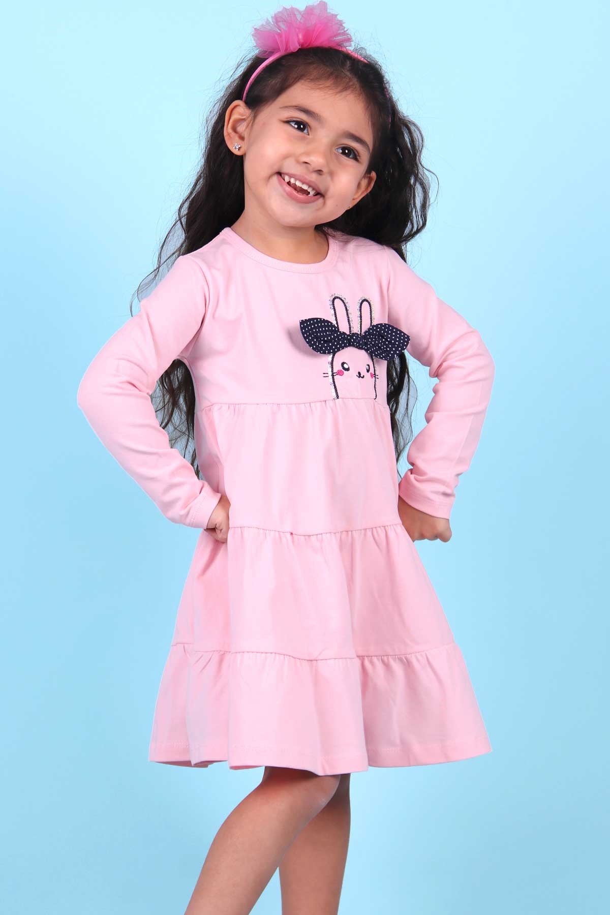 Breeze Kız Çocuk Uzun Kollu Elbise Tavşanlı Fiyonklu Pudra (2-6 Yaş)