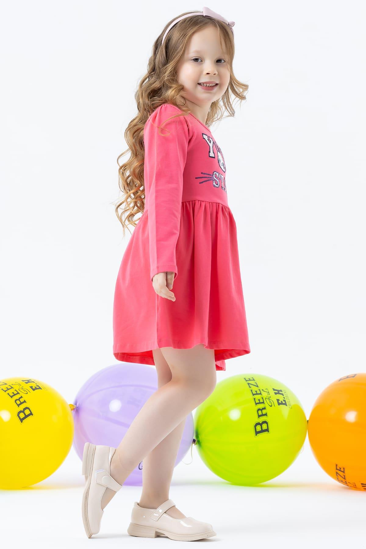 Breeze Kız Çocuk Uzun Kollu Elbise Tavşan Nakışlı Mercan (2-6 Yaş)