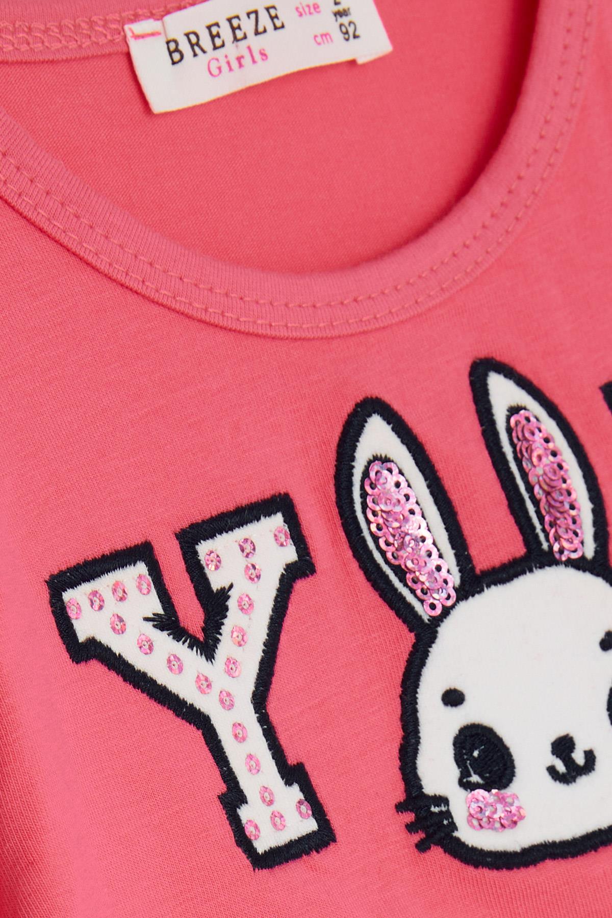 Breeze Kız Çocuk Uzun Kollu Elbise Tavşan Nakışlı Mercan (2-5 Yaş)