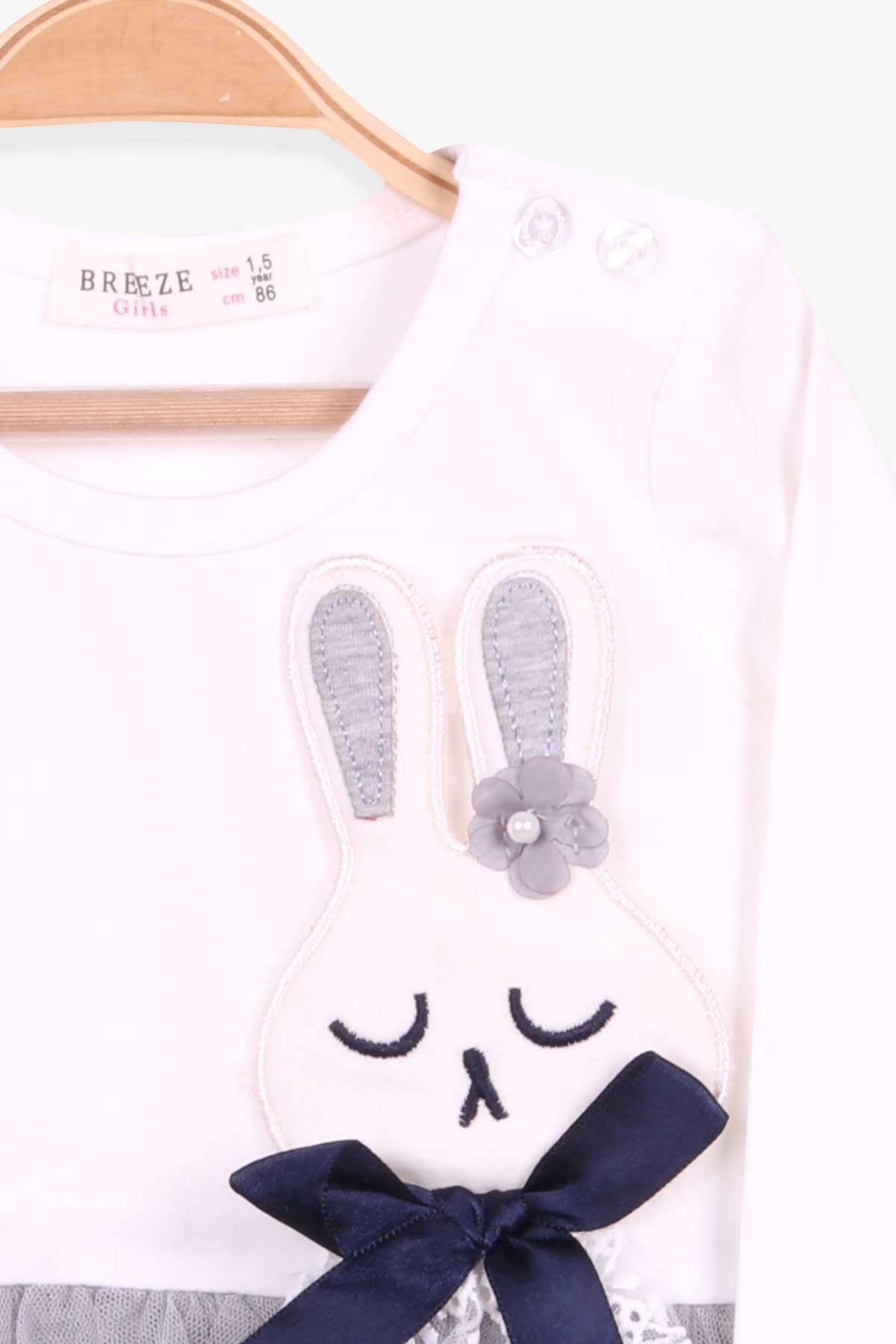 Breeze Kız Çocuk Uzun Kollu Elbise Tavşanlı Nakışlı Ekru (1.5-5 Yaş)