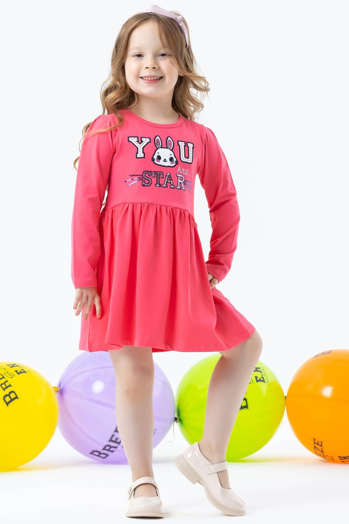 Breeze Kız Çocuk Uzun Kollu Elbise Tavşan Nakışlı Mercan (2-6 Yaş)