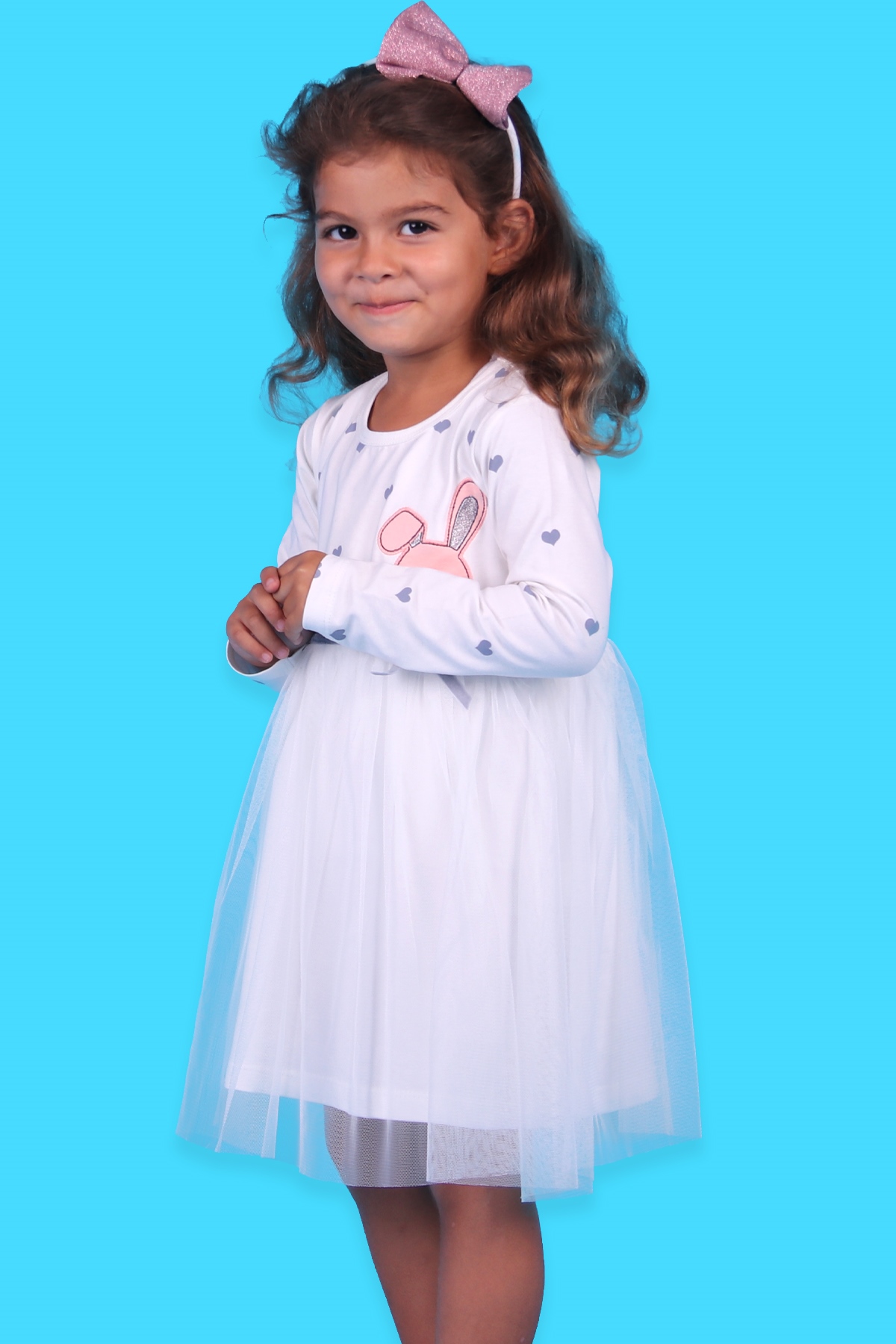 Breeze Kız Çocuk Uzun Kollu Elbise Tavşan Nakışlı Tüllü Ekru (1.5-5 Yaş)