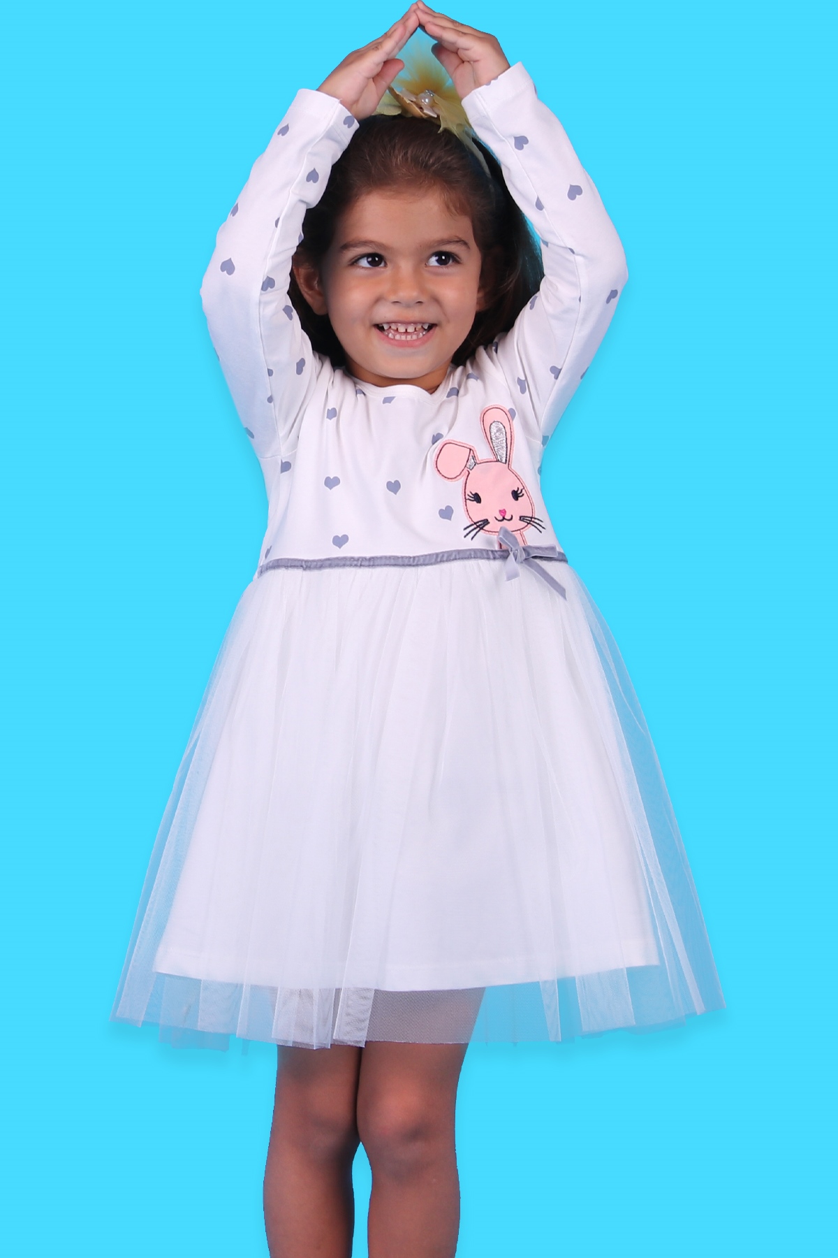 Breeze Kız Çocuk Uzun Kollu Elbise Tavşan Nakışlı Tüllü Ekru (1.5-5 Yaş)
