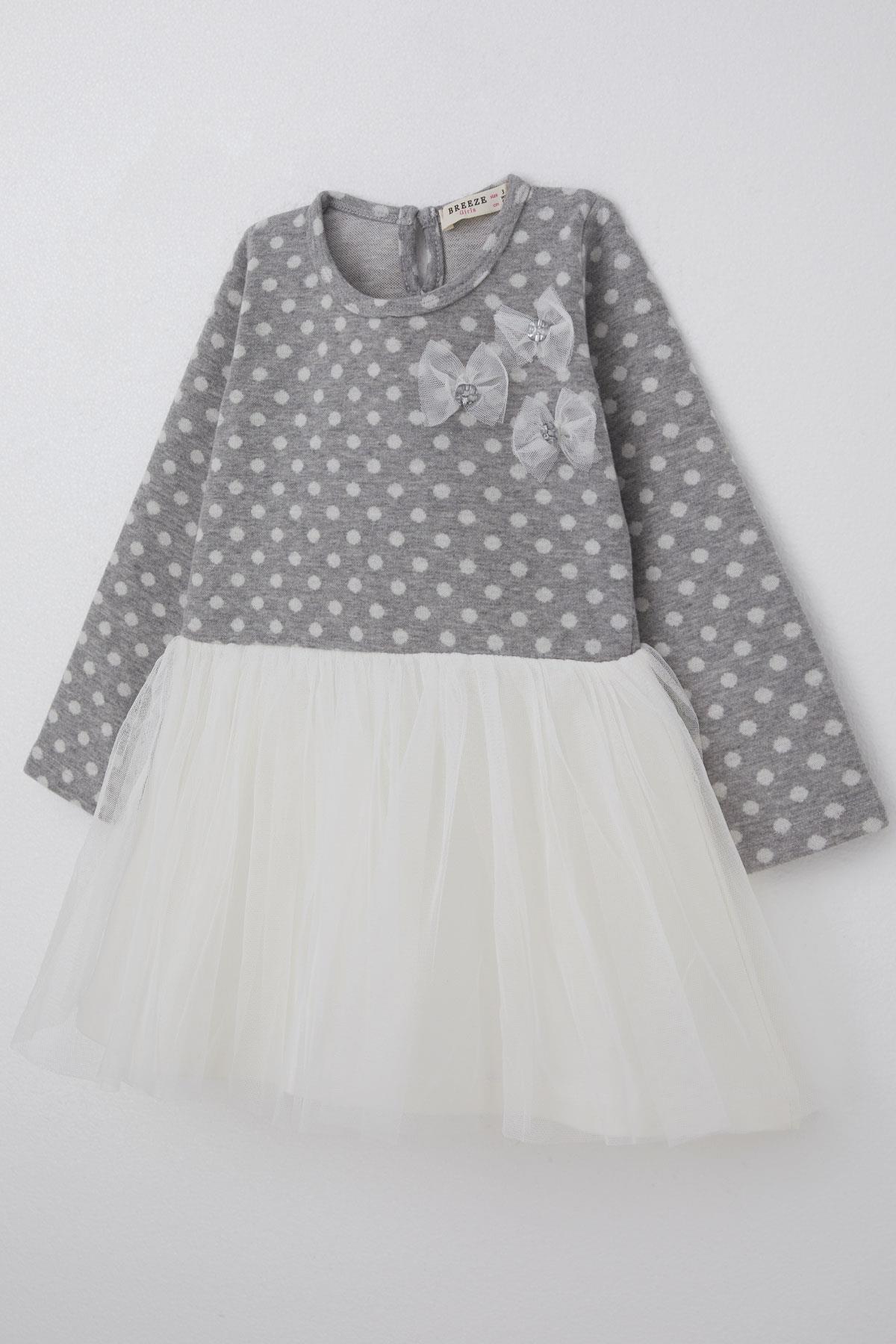 Breeze Kız Çocuk Uzun Kollu Elbise Tüllü Fiyonklu Açık Gri Melanj (1.5-5 Yaş)