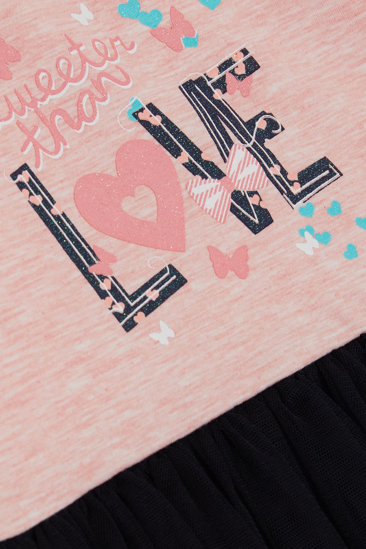 Breeze Kız Çocuk Uzun Kollu Elbise Tüllü Yazı Baskılı Somon Melanj (1.5-5 Yaş)