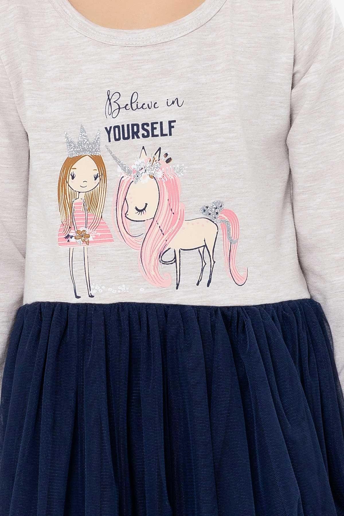 Breeze Kız Çocuk Uzun Kollu Elbise Unicorn Bej Melanj (1.5-5 Yaş)