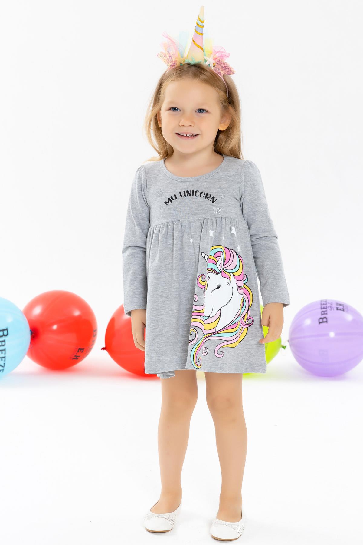 Breeze Kız Çocuk Uzun Kollu Elbise Unicorn Gri Melanj (2-6 Yaş)