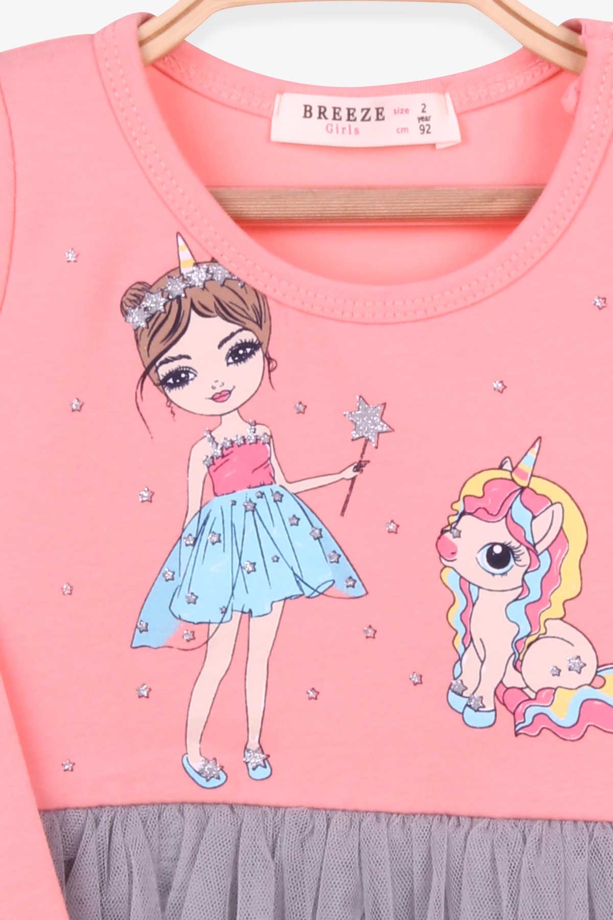 Breeze Kız Çocuk Uzun Kollu Elbise Unicorn Baskılı Somon (2-6 Yaş)